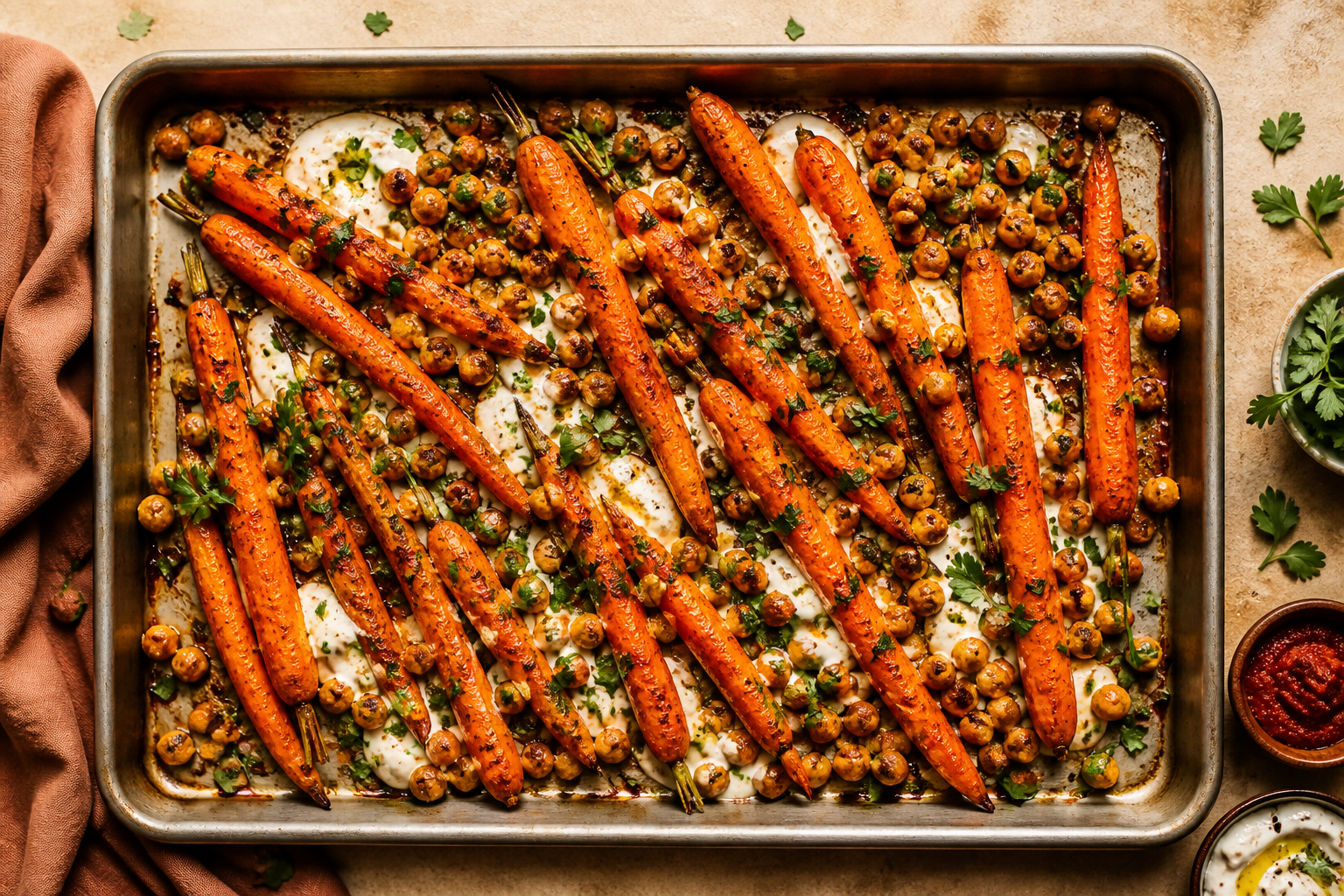 Overhead shot of Harissa Roasted Carrots with Chickpeas plated appetizingly in a baking tray