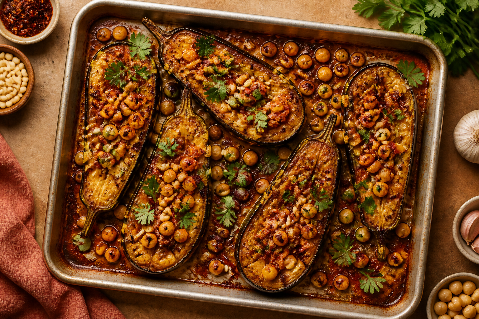 Overhead shot of Harissa Roasted Eggplant plated appetizingly in a baking tray
