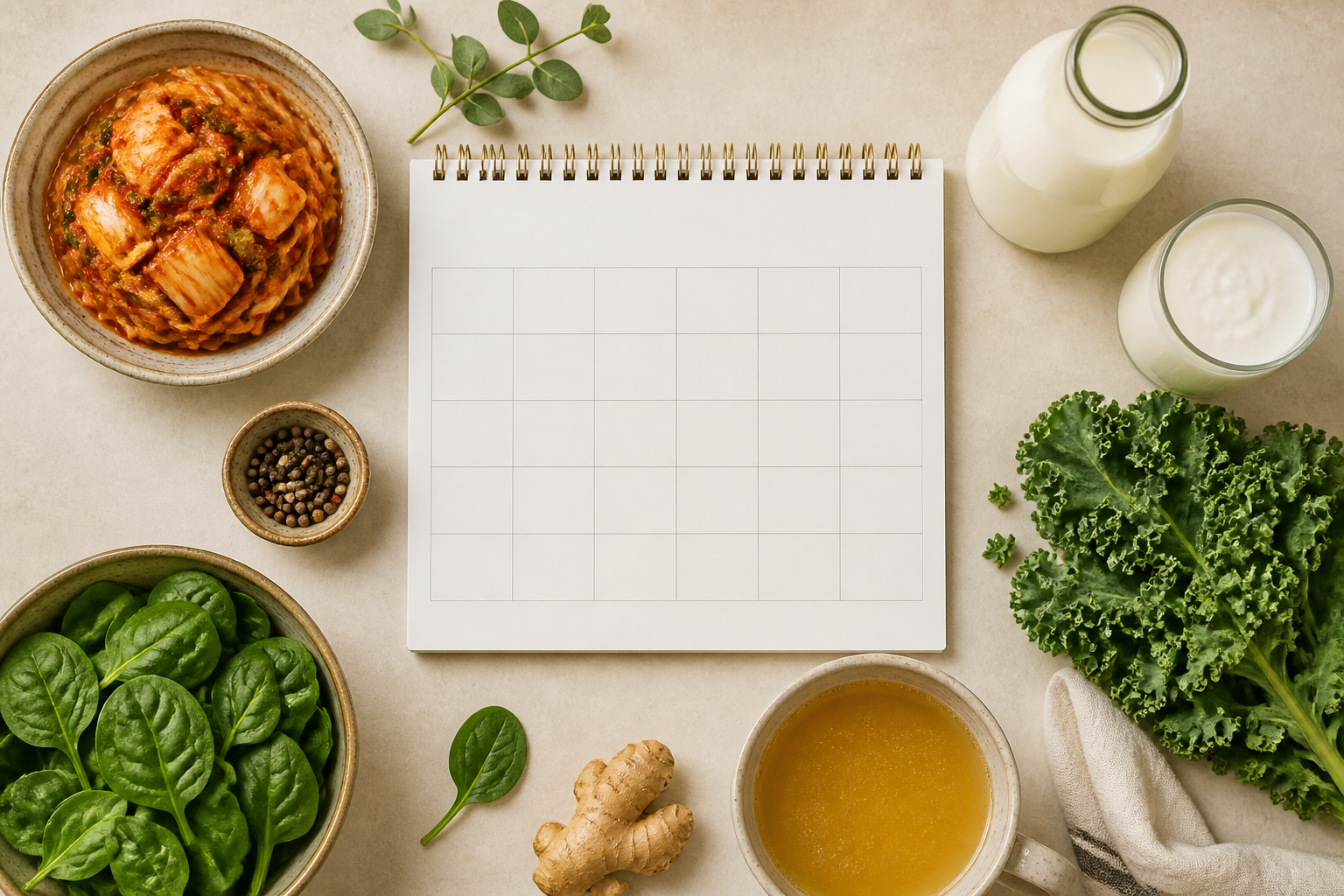 Flat lay of a simple calendar with gut-healthy foods arranged around it — kimchi