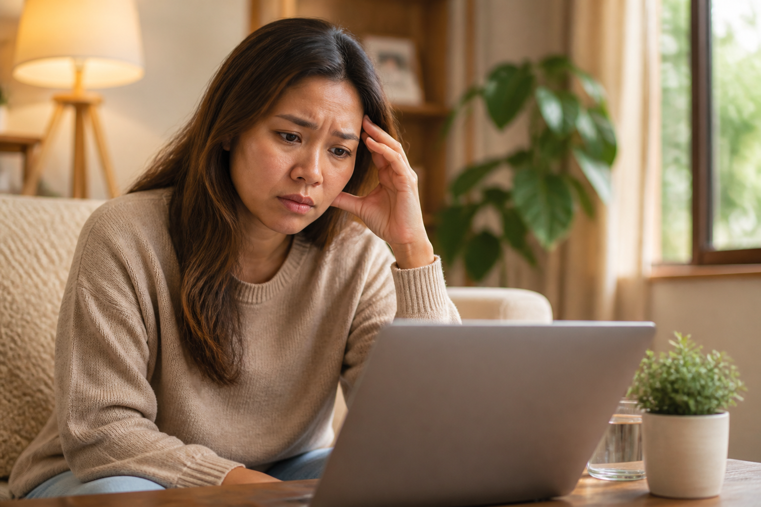 Filipino woman in her 30s looking at health search results on a laptop
