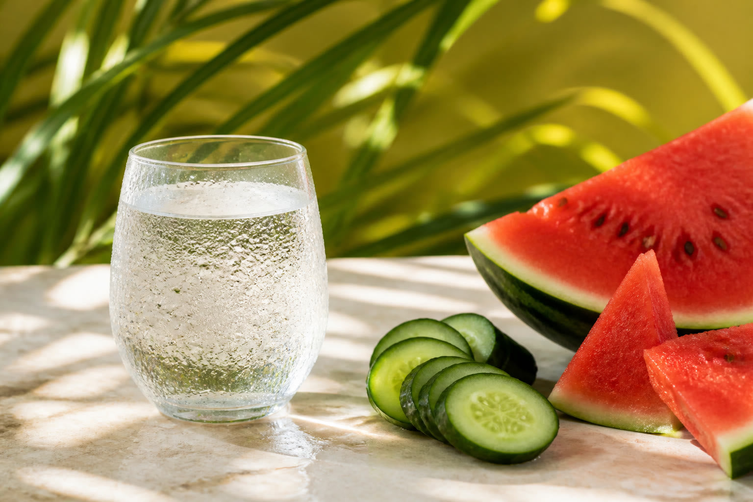 Glass of water with condensation beside sliced watermelon and cucumber