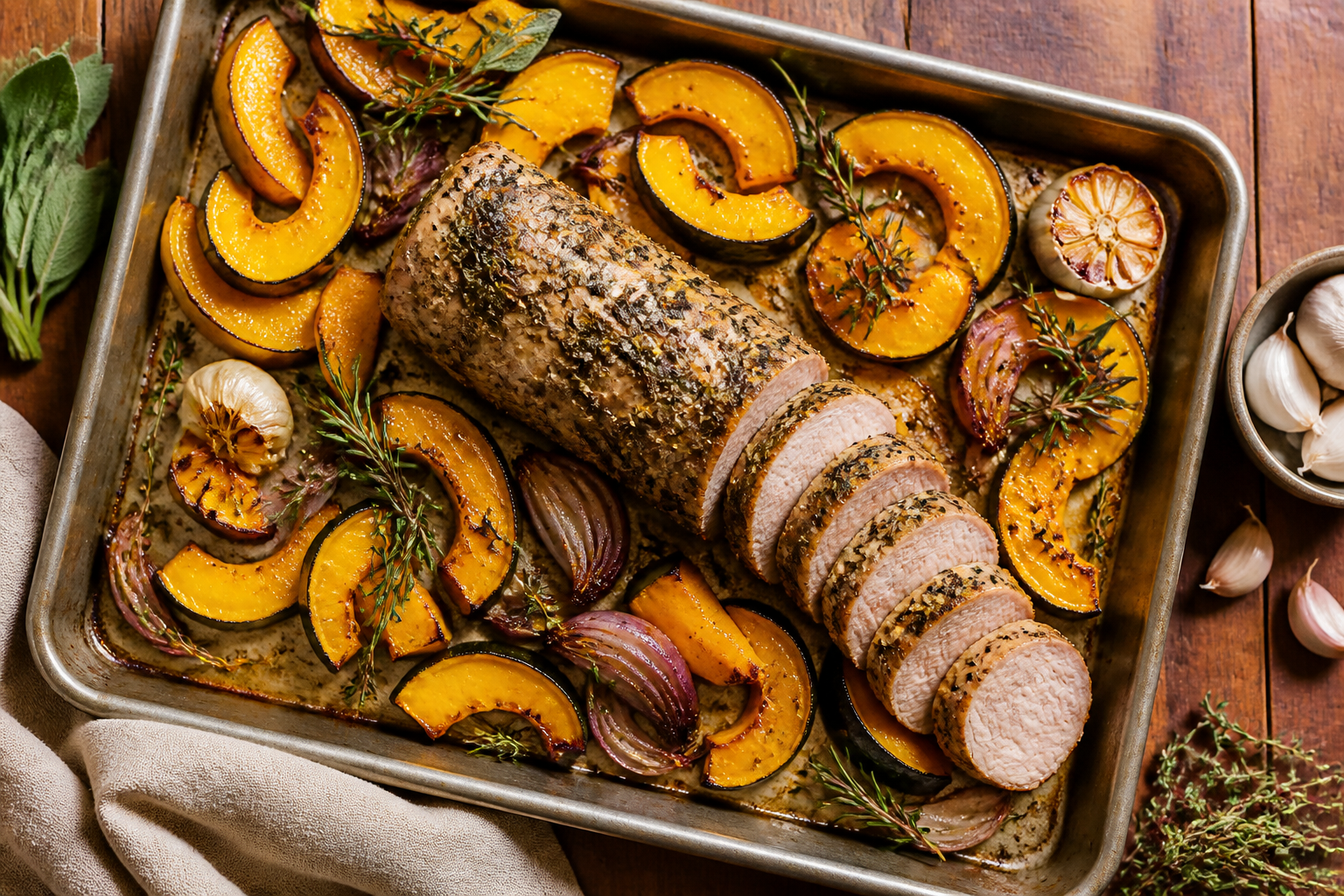 Overhead shot of Herb-Crusted Whole30 Pork Tenderloin with Roasted Squash plated appetizingly in a baking tray
