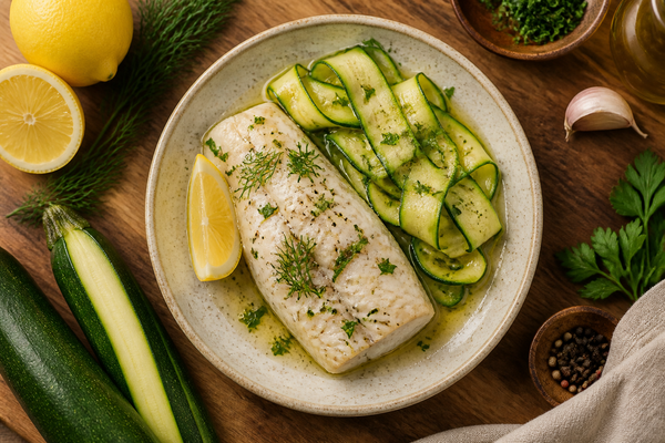 Herb Poached Cod with Zucchini Ribbons