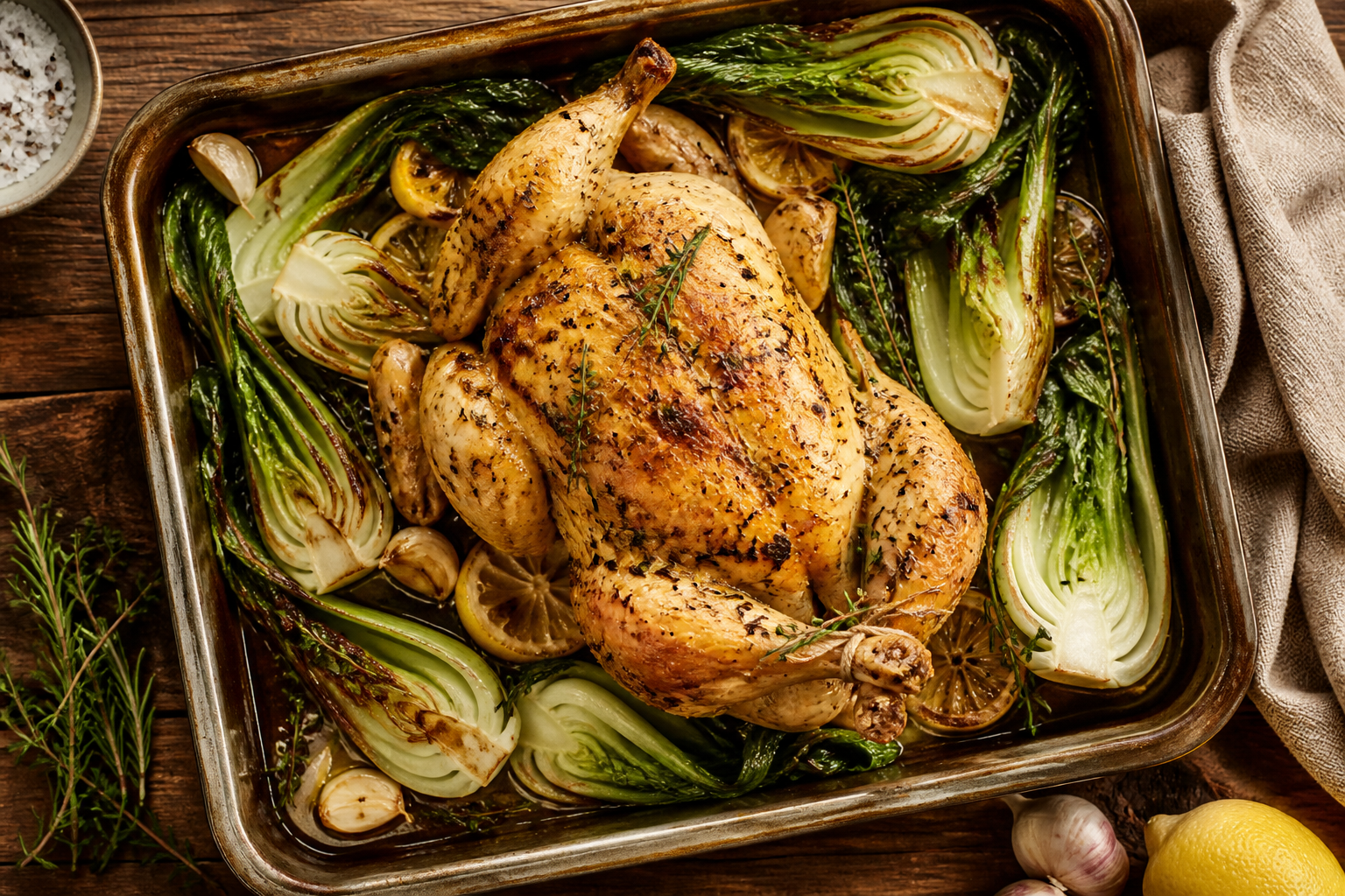 Overhead shot of Herb-Roasted Chicken with Bok Choy plated appetizingly in a baking tray