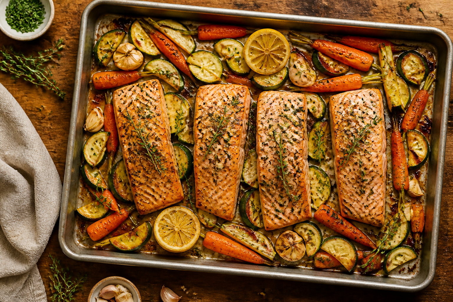 Overhead shot of Herb-Roasted Salmon with Carrots and Zucchini plated appetizingly in a baking tray