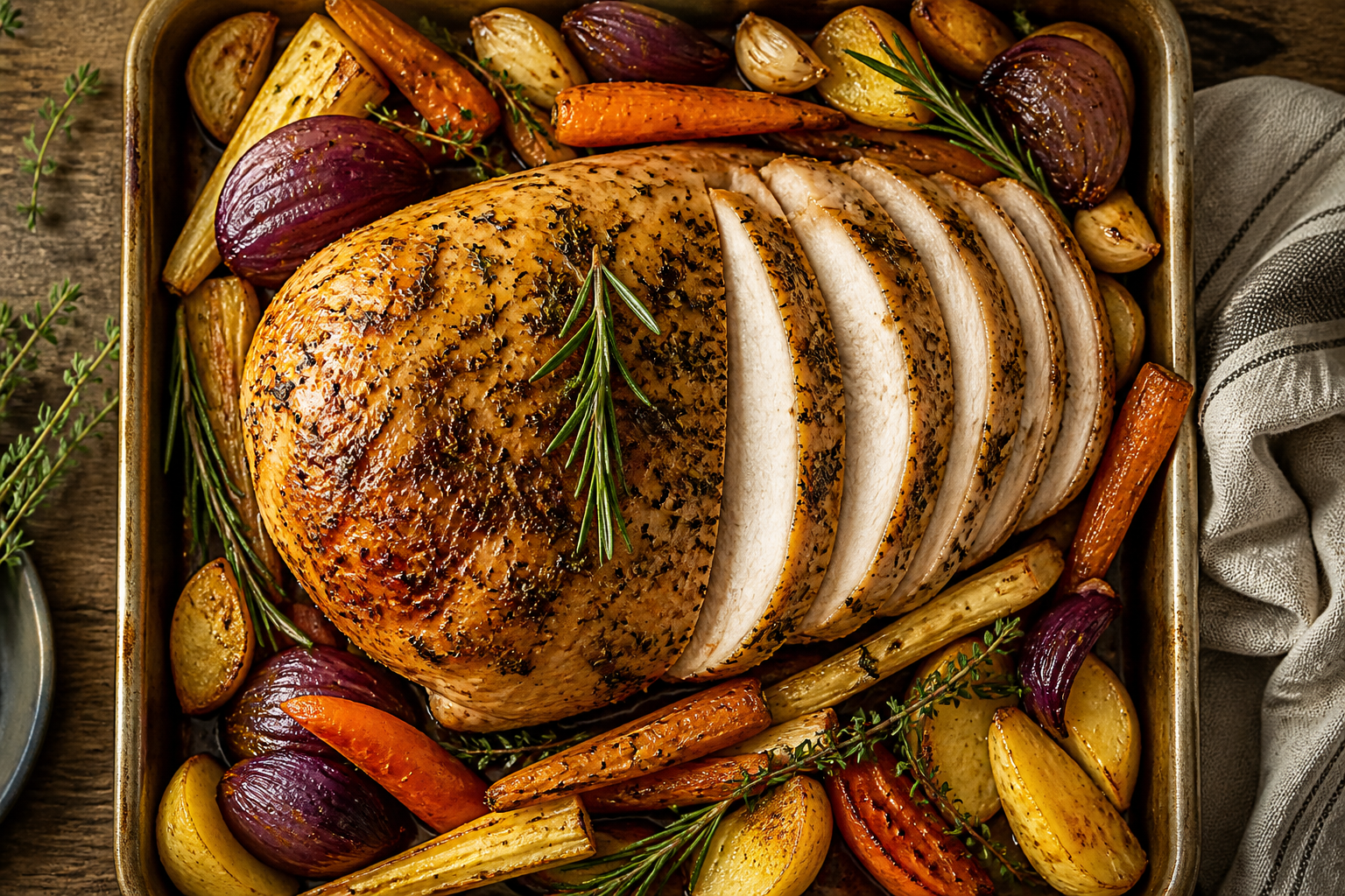 Overhead shot of Herb Roasted Turkey Breast with Root Vegetables plated appetizingly in a baking tray