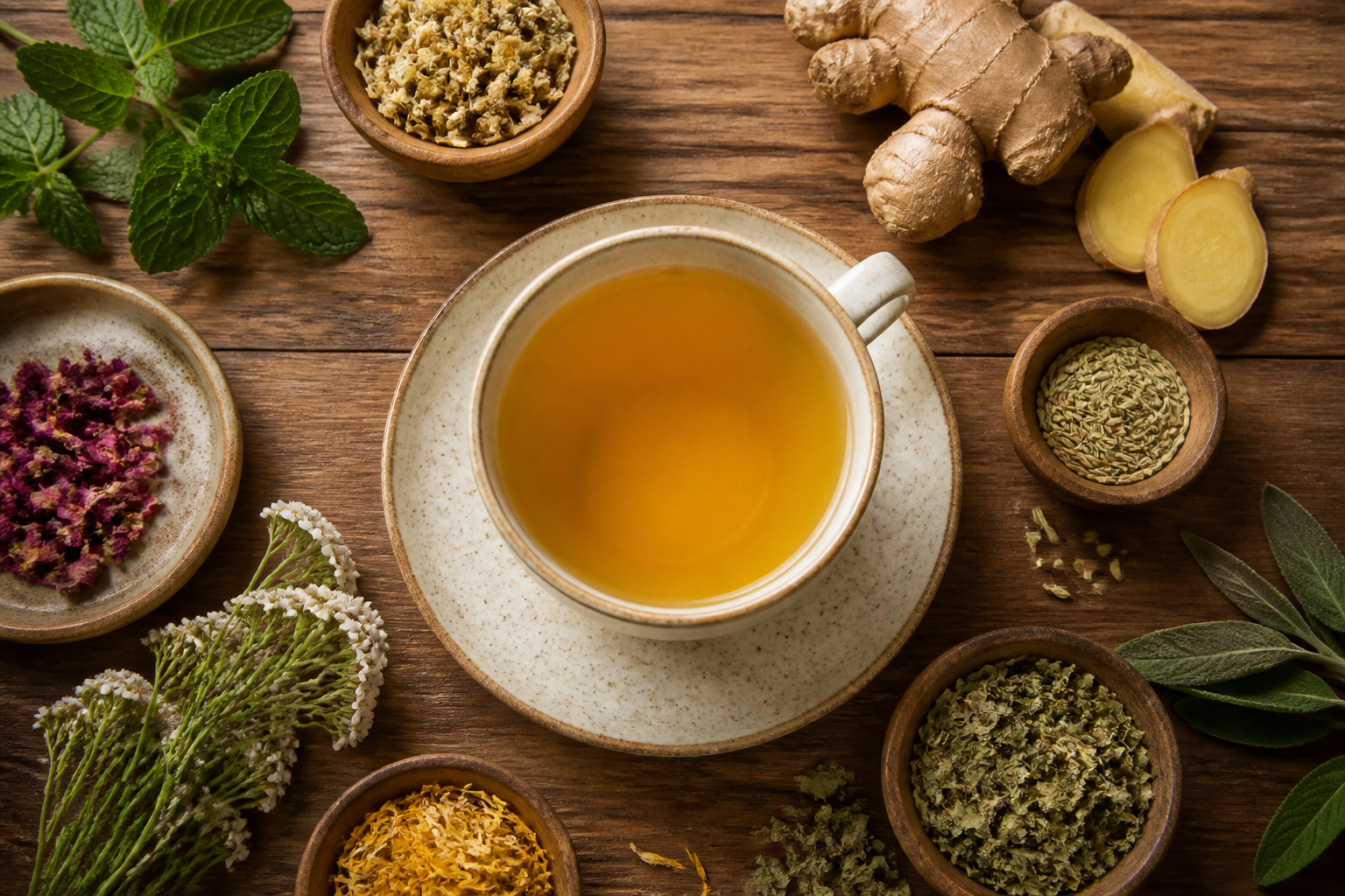 Overhead editorial still life related to Herbal Digestive Tea and Your Gut on a warm wooden surface