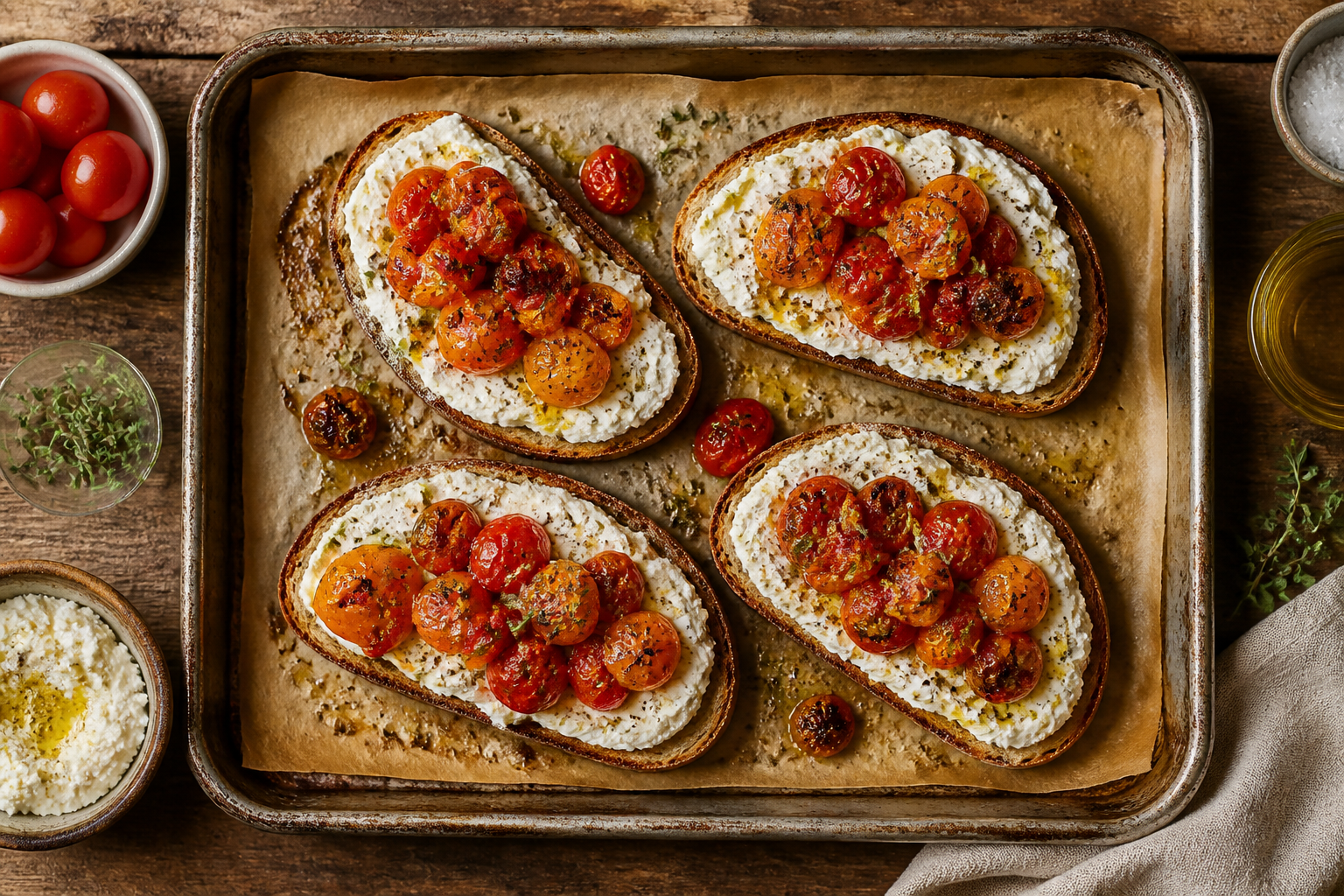 Overhead shot of Herbed Ricotta Toast with Roasted Cherry Tomatoes plated appetizingly in a baking tray