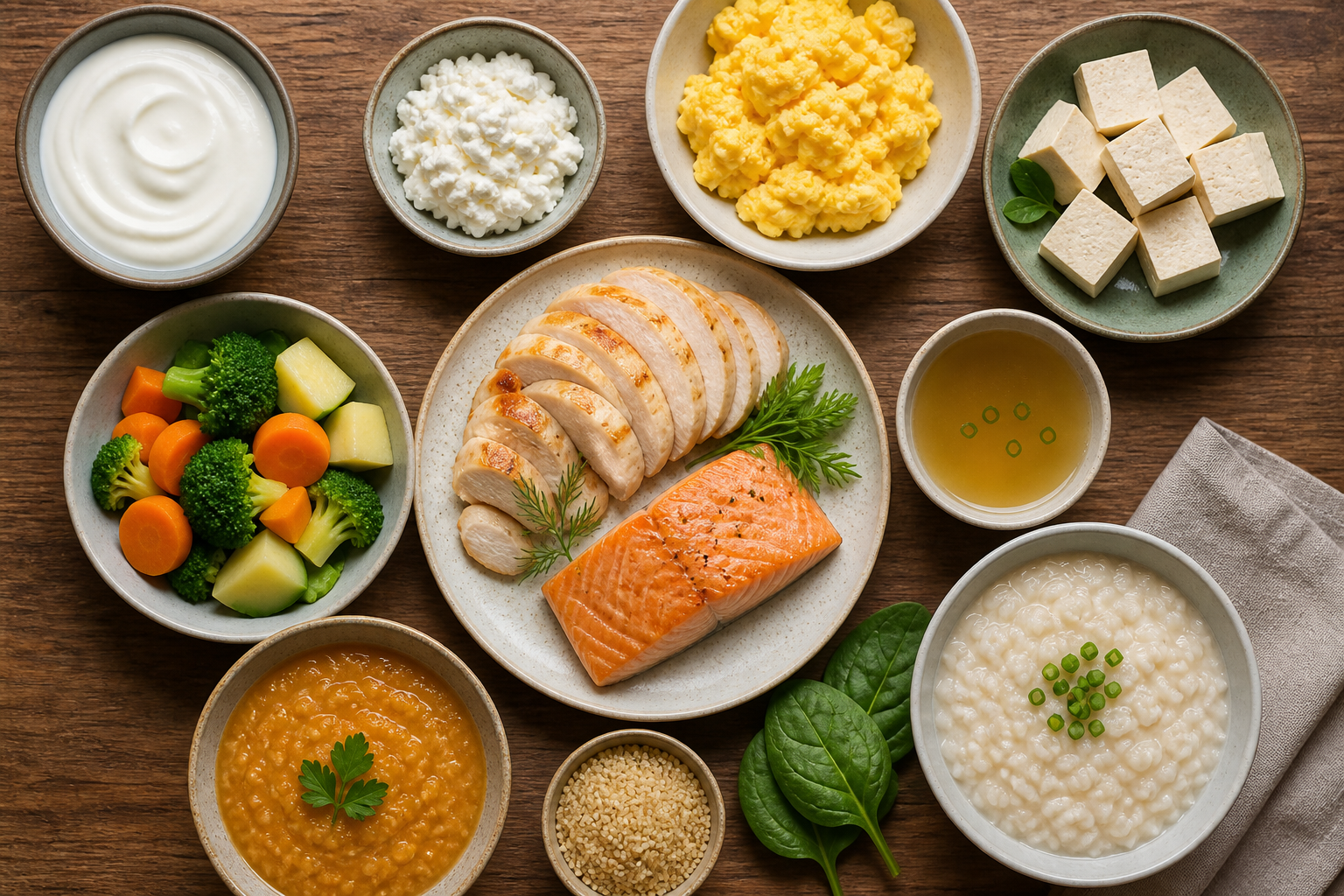 Overhead flat lay of foods representing High-Protein