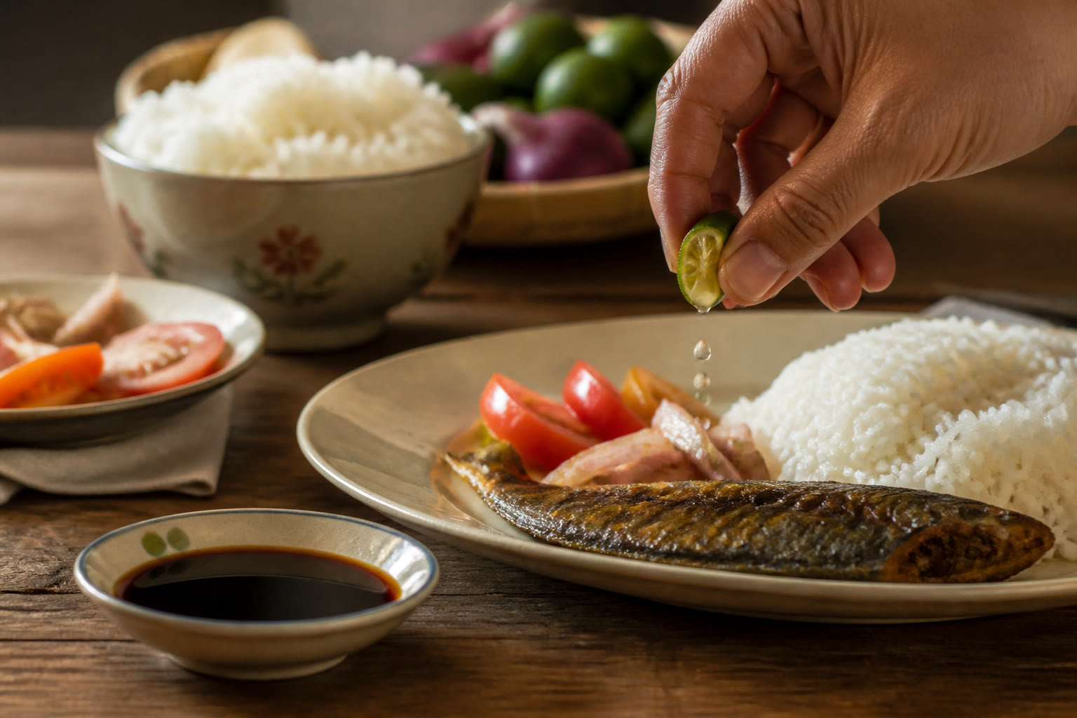 Hand seasoning a plate beside a small dish of patis or toyo