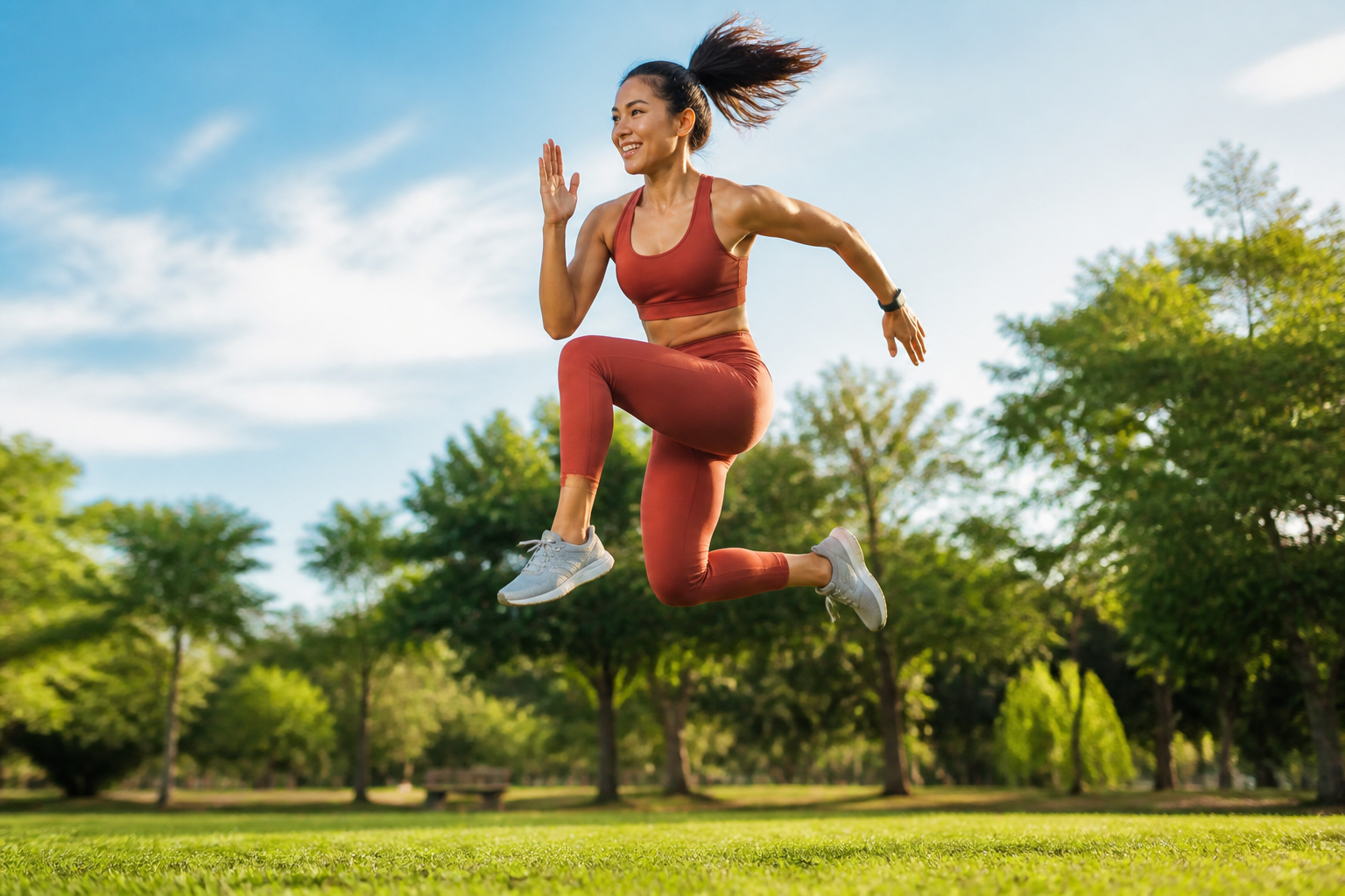 Filipino woman in her 20s mid-jump during a HIIT workout in a park
