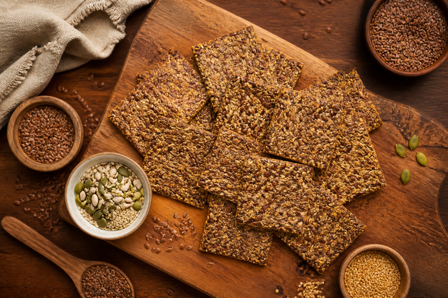 Overhead shot of Homemade Flaxseed Crackers plated appetizingly in a wooden board