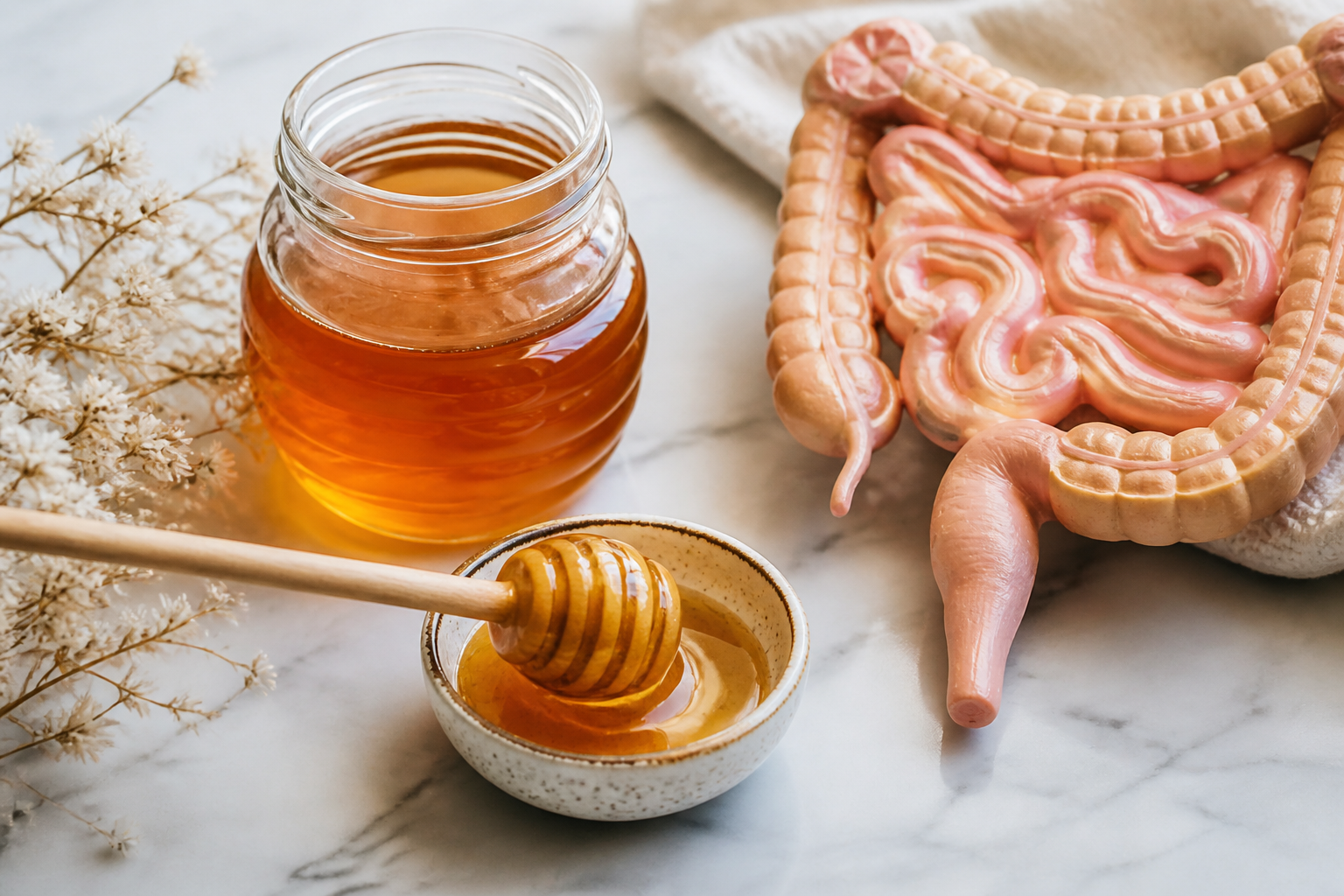 Close-up editorial still life of Honey and Your Gut on a clean wooden or marble surface