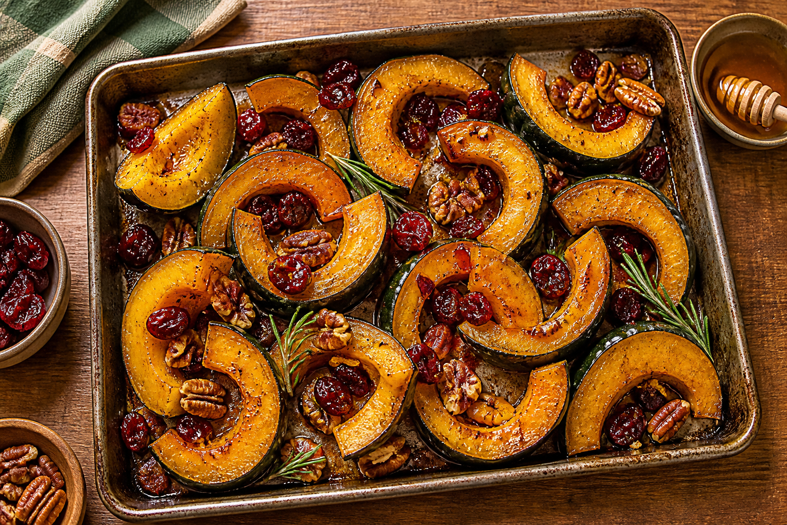 Overhead shot of Honey Roasted Acorn Squash with Cranberries plated appetizingly in a baking tray
