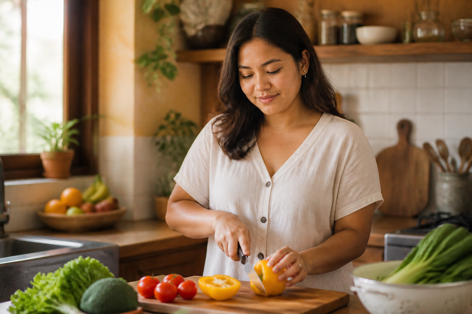 Filipino woman in her 30s in a warm home kitchen
