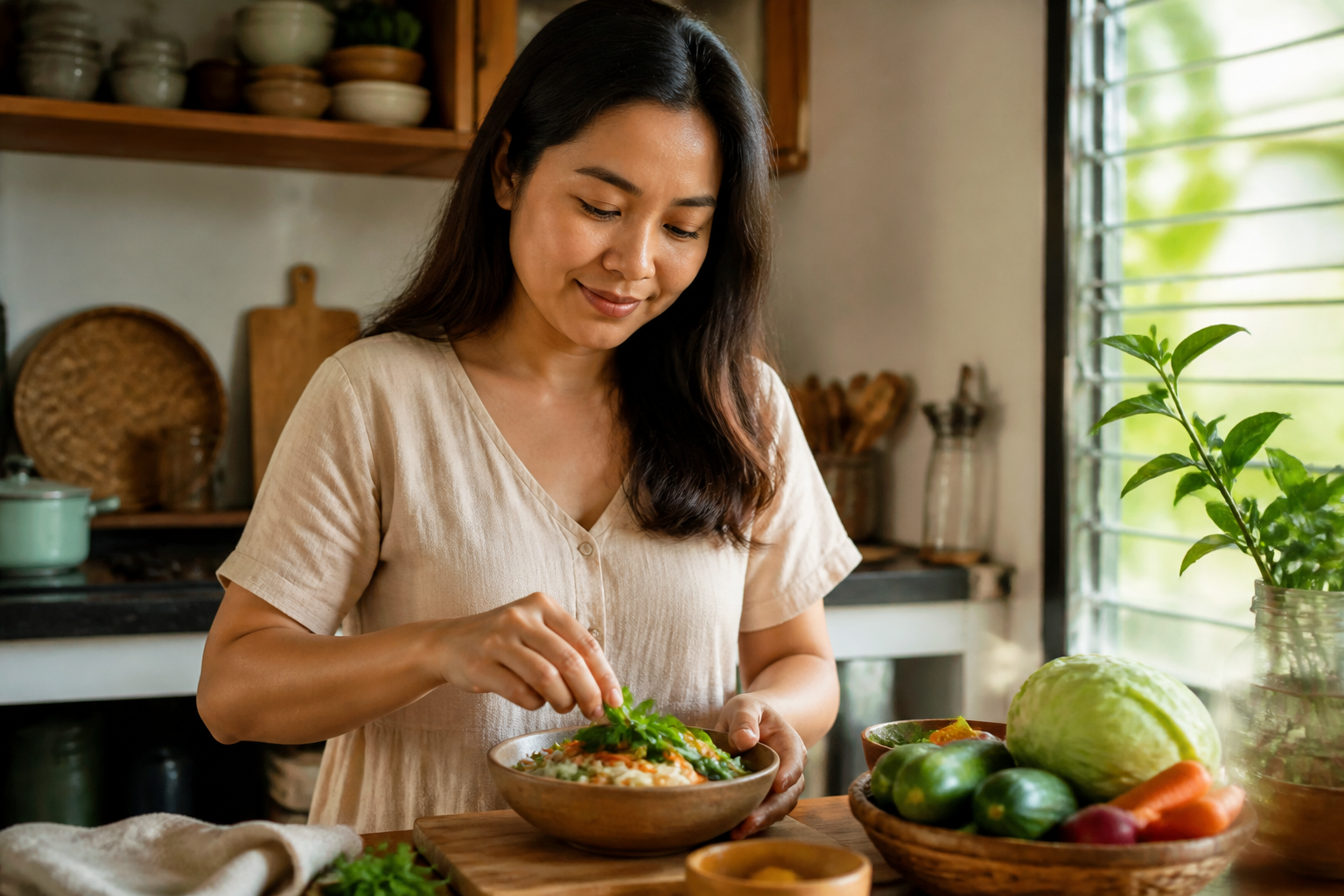 Filipino woman in her 30s in a warm home kitchen