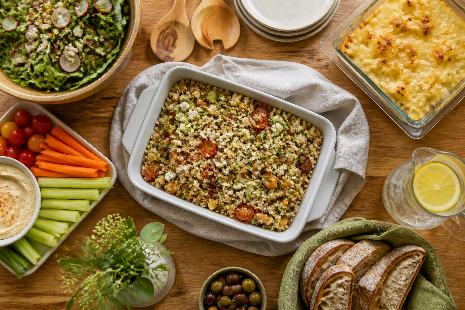 Overhead editorial still life related to How to Bring Your Own Dish to a Potluck Without Making It Weird on a warm wooden surface