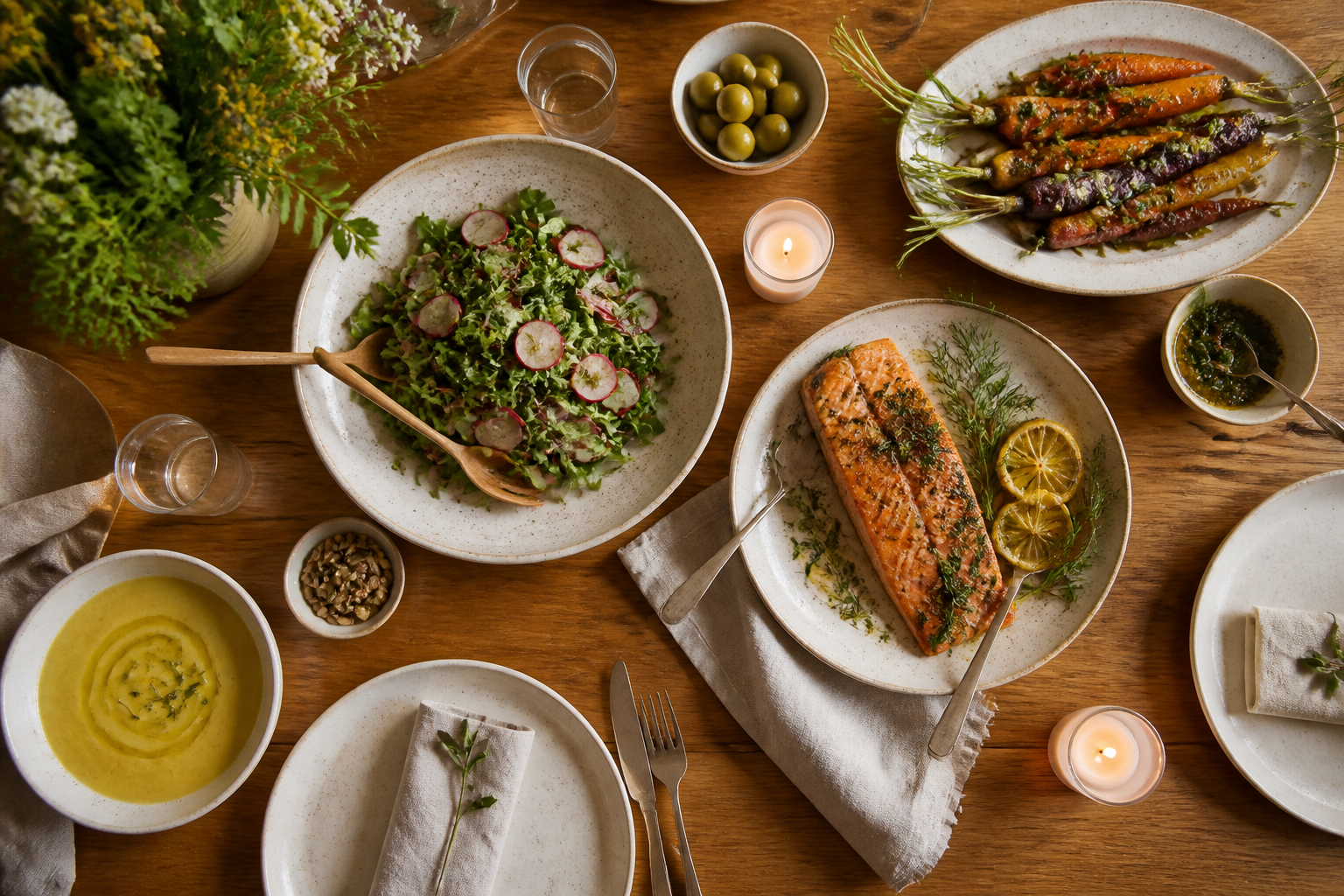 Overhead editorial still life related to How to Host a Dinner Party When Your Gut Makes the Rules on a warm wooden surface