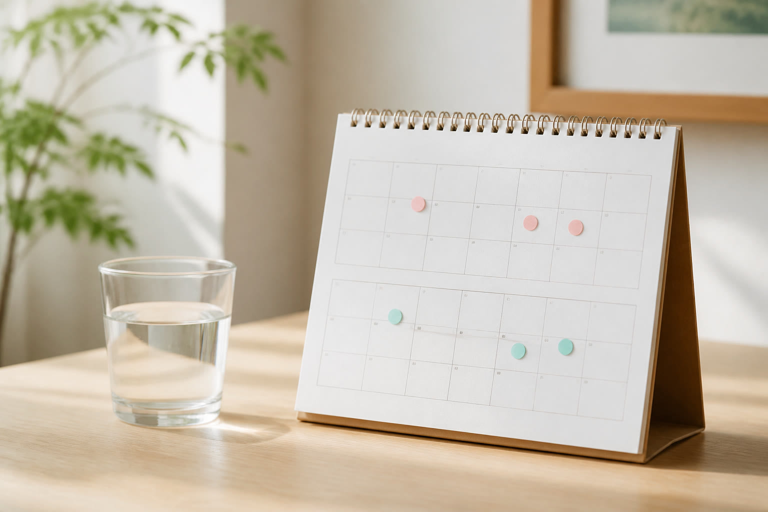 A wall calendar with two weeks marked beside a glass of water.