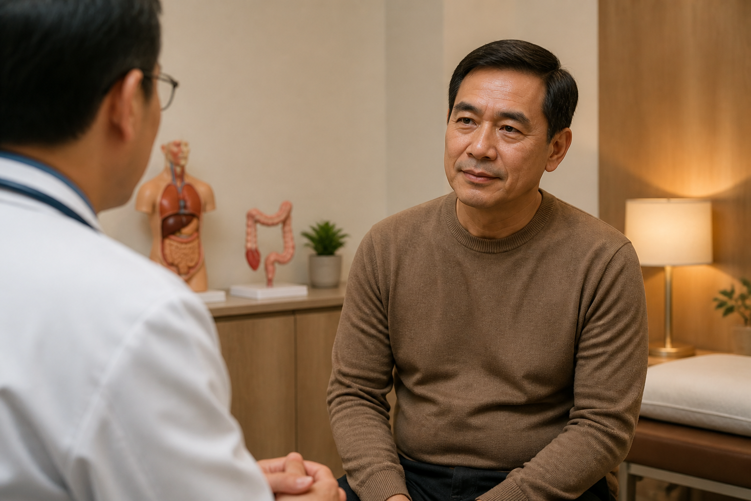 Filipino man in his 50s at a gastroenterologist's office