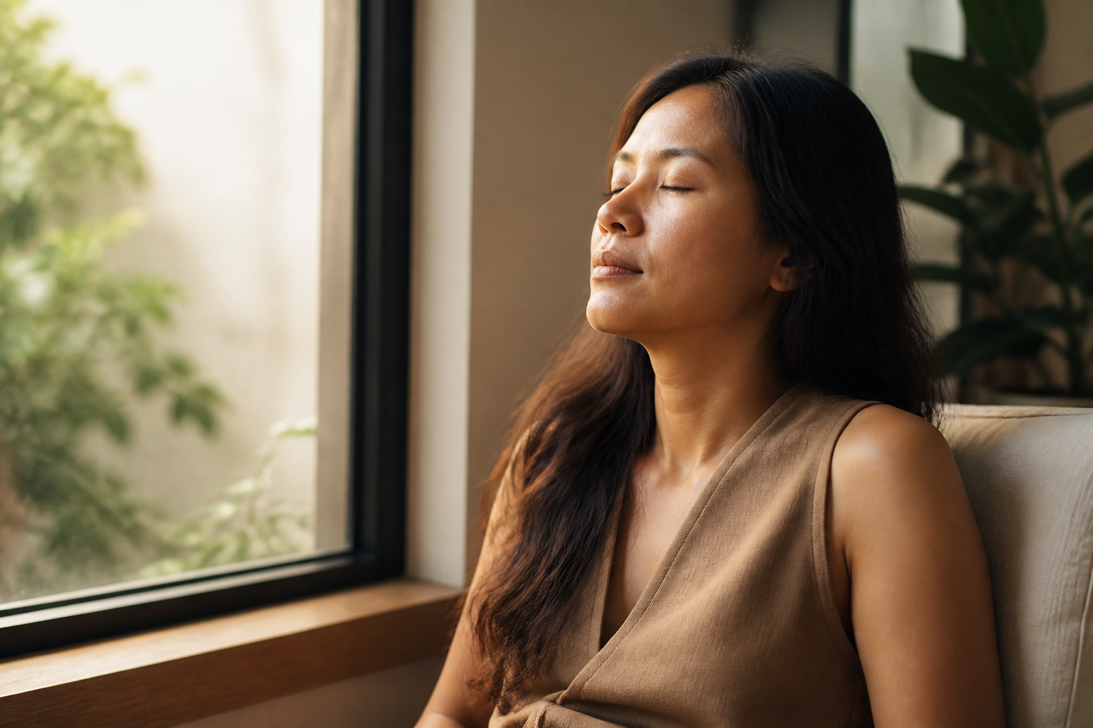 Filipino woman in her 30s sitting by a window with eyes closed