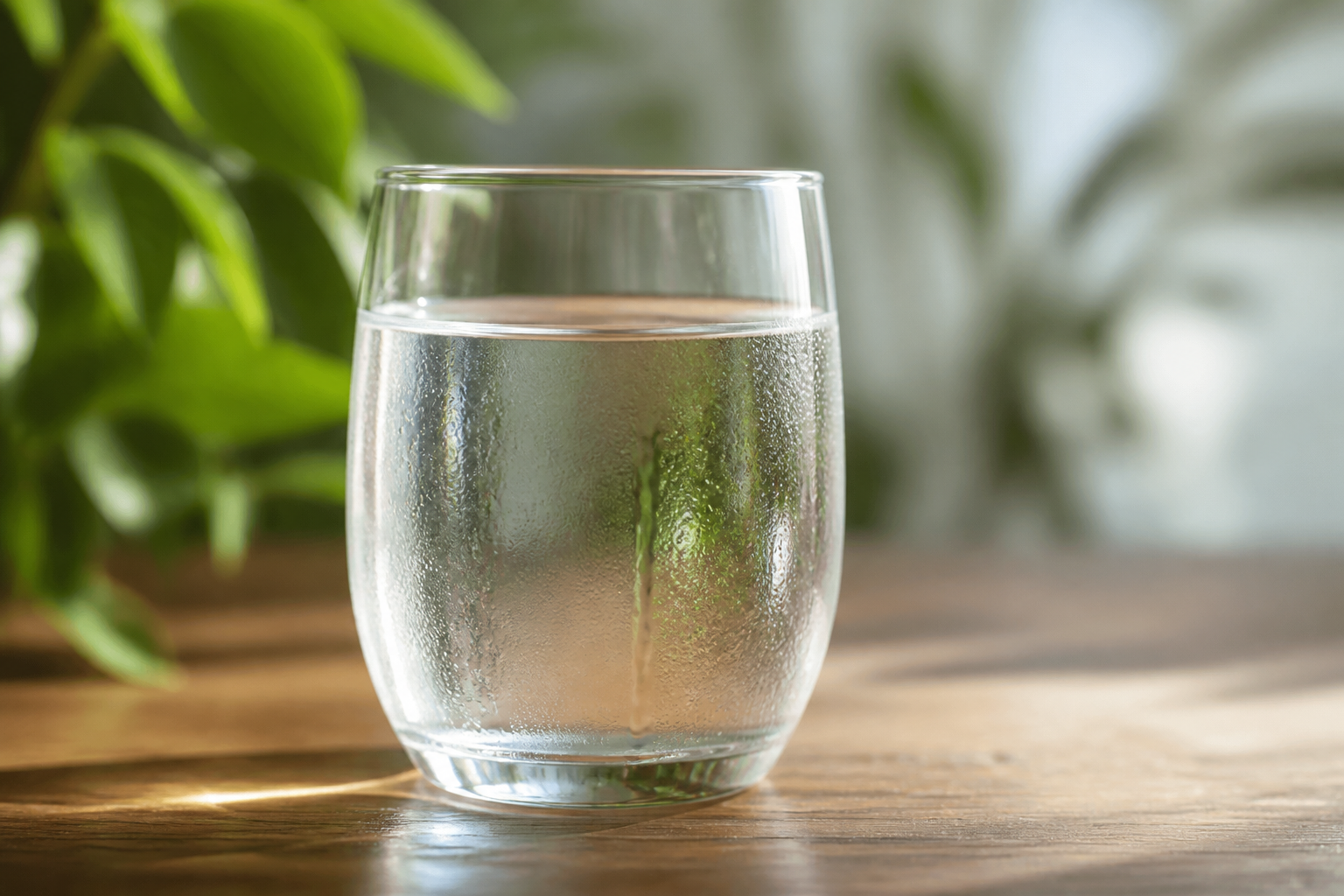 Close-up of a clear glass of water with a small condensation trail on a wooden table