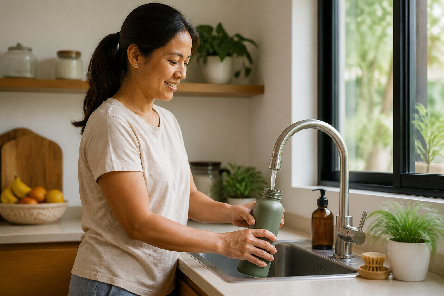 Filipino woman in her 30s filling a large reusable water bottle at a kitchen sink