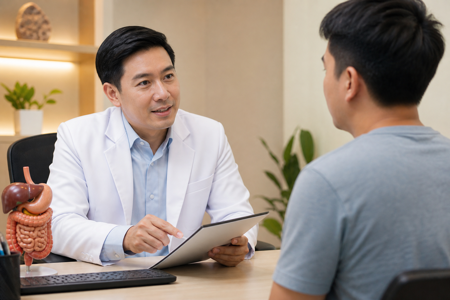 Filipino gastroenterologist reviewing a chart with a patient in a consultation room