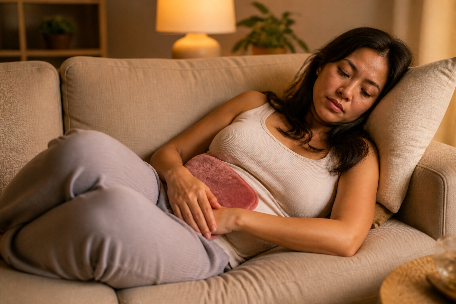 Filipino woman in her 30s curled on a couch with a heating pad on her abdomen