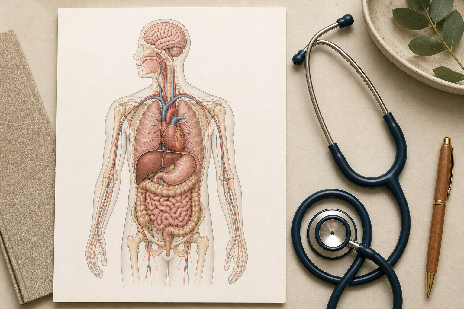 Medical illustration-style flat lay of a human torso diagram outline on cream paper beside a stethoscope and pen