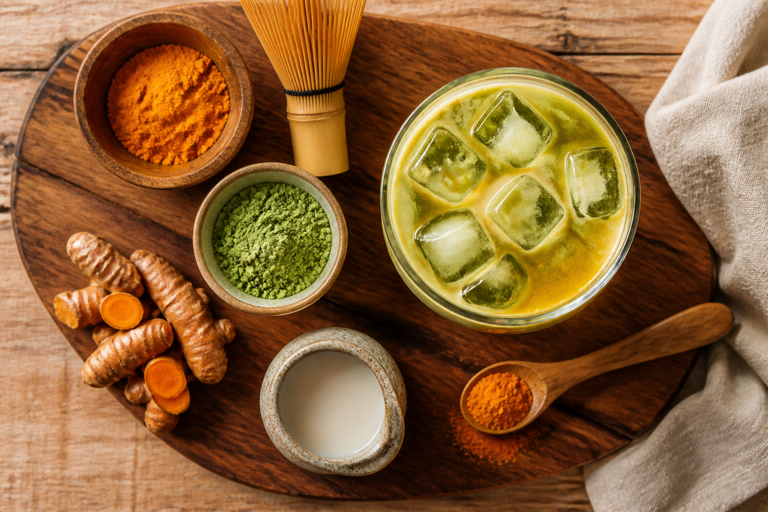 Overhead shot of Iced Turmeric Matcha Latte plated appetizingly in a wooden board