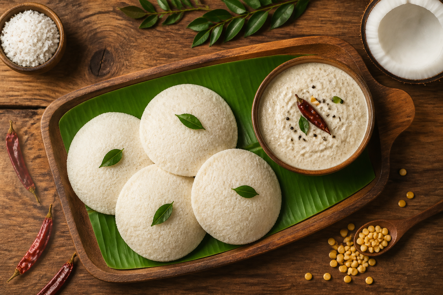 Overhead shot of Idli with Coconut Chutney plated appetizingly in a wooden board