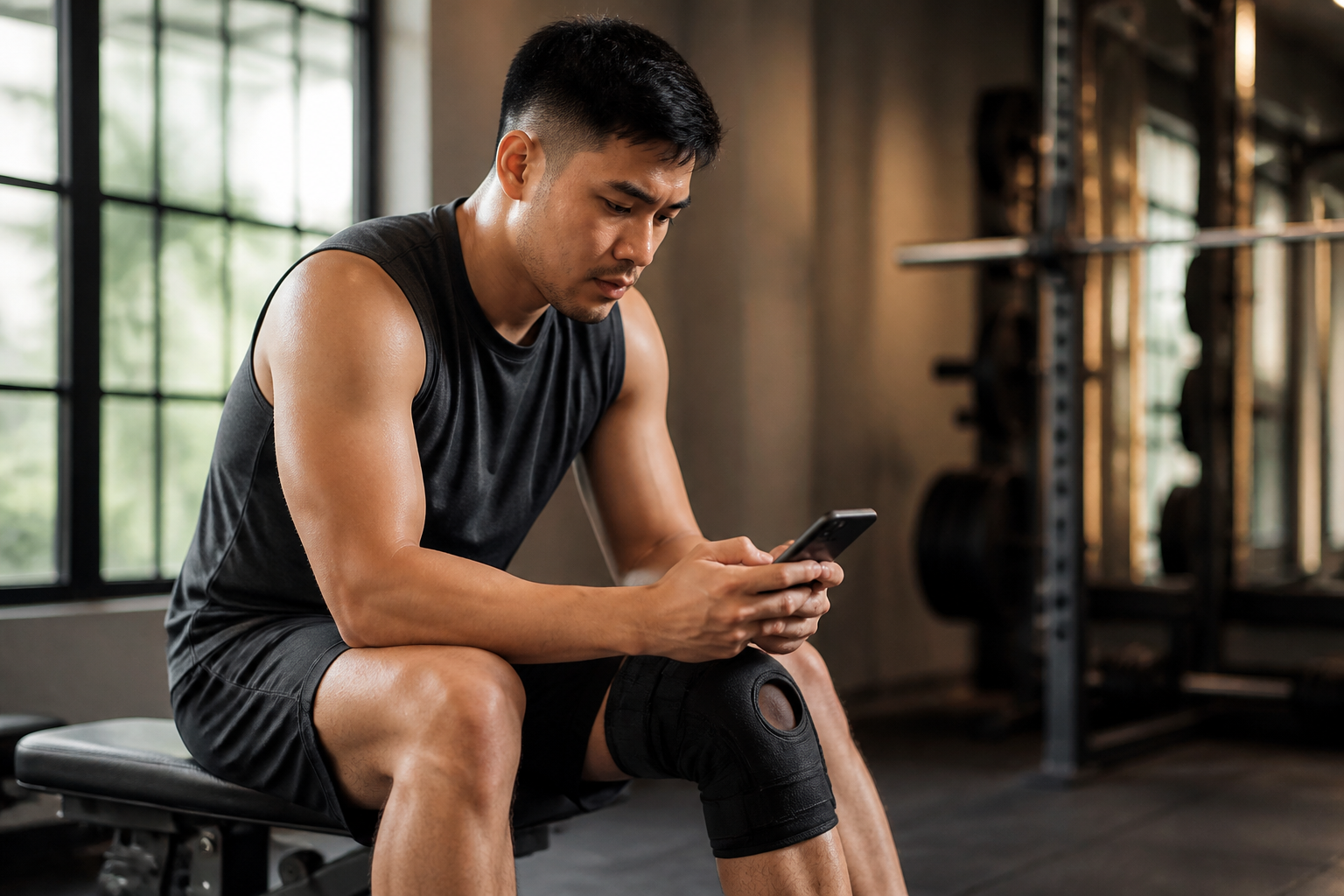 Filipino athlete in his 30s sitting on a bench with a knee brace