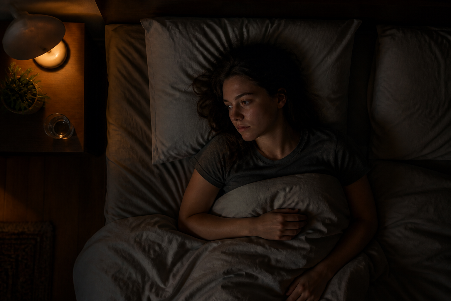 Overhead view of a person lying awake in bed in a dark room