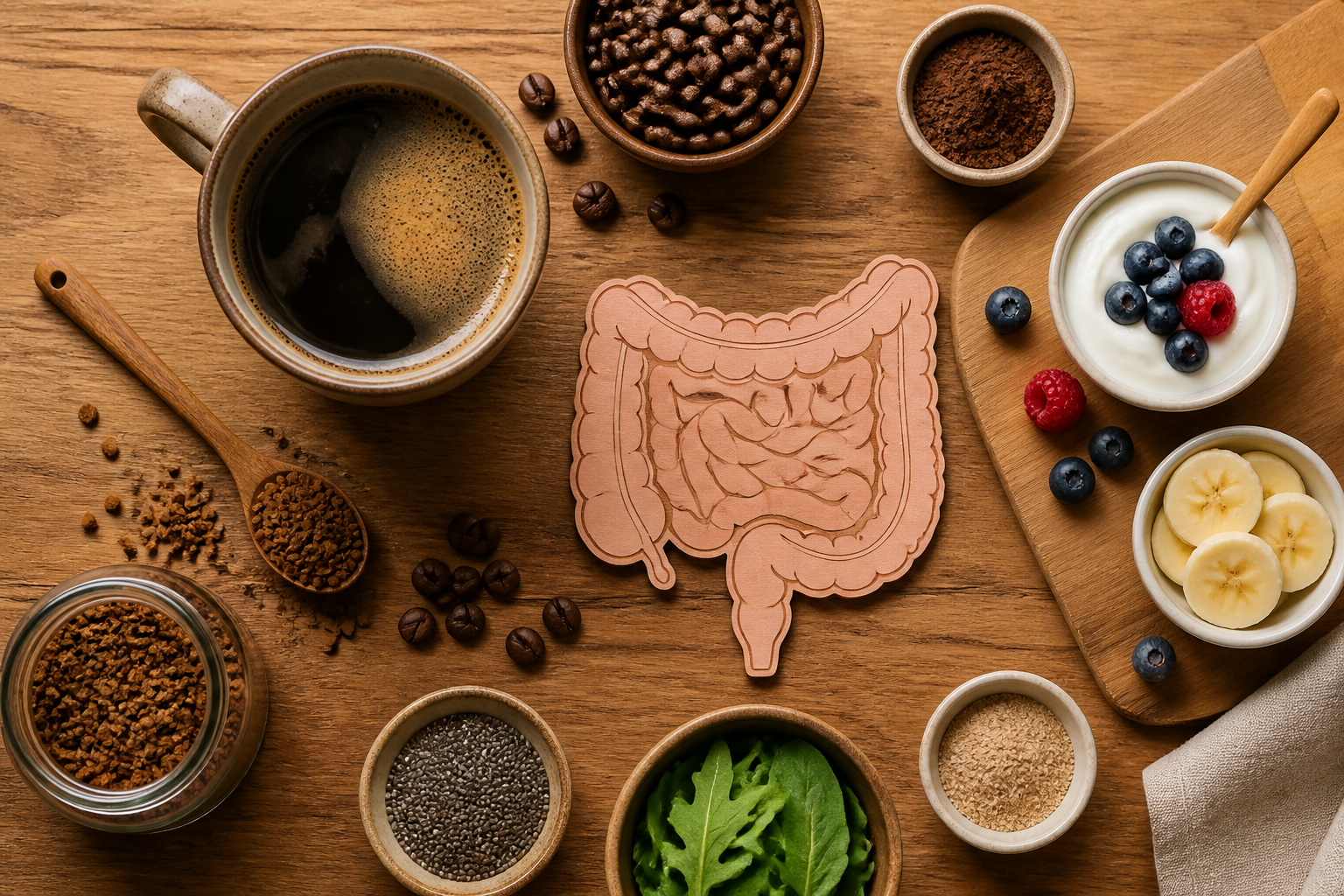 Overhead editorial still life related to Instant Coffee and Your Gut on a warm wooden surface