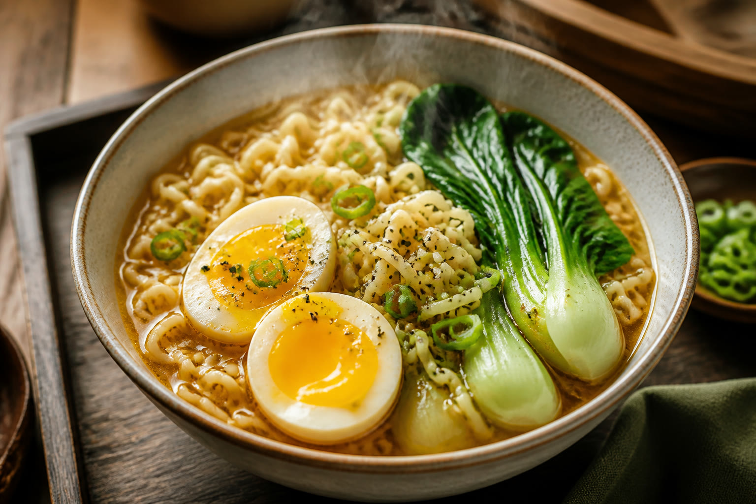 Instant noodles upgraded with egg, bok choy, and green onion