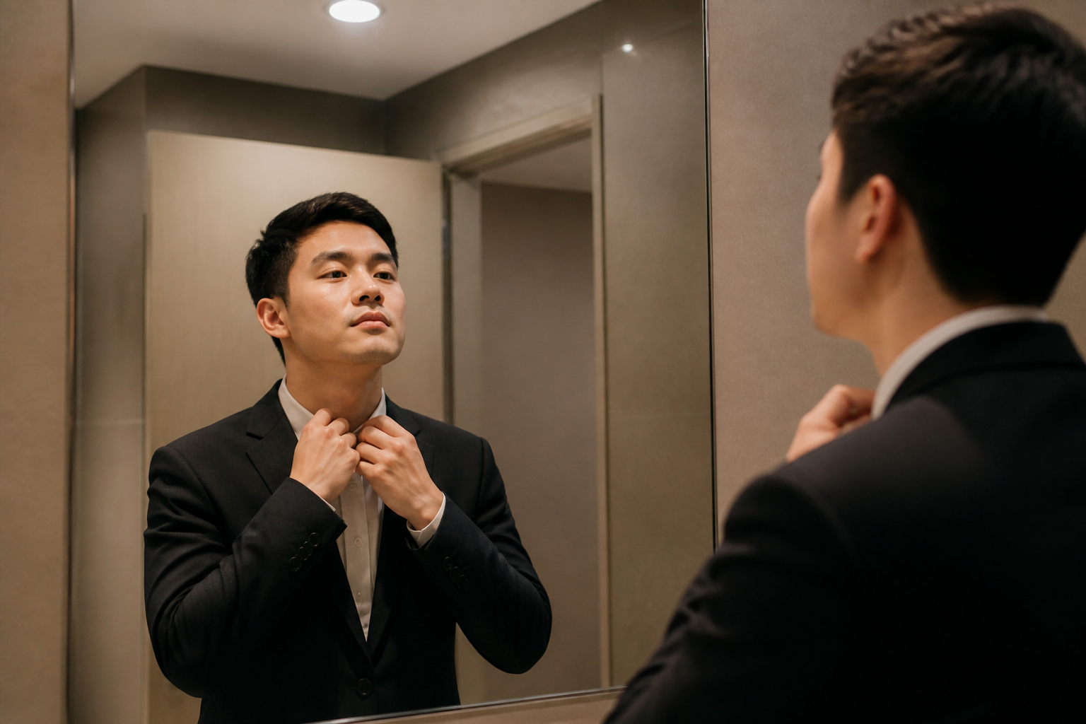 Filipino man in his 20s in a restroom mirror