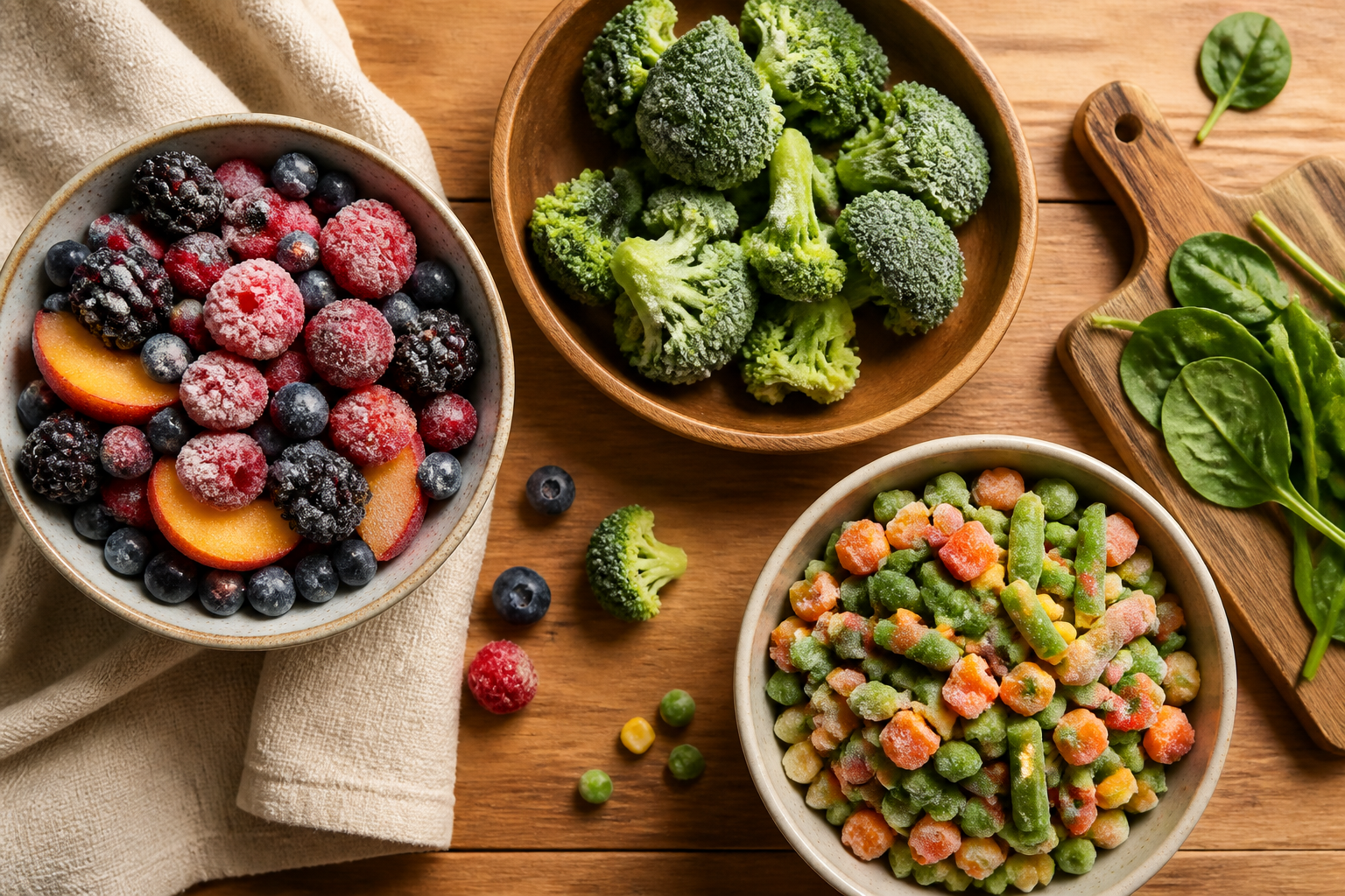 Overhead editorial still life related to Is Frozen Produce Worse for Your Gut? No. on a warm wooden surface