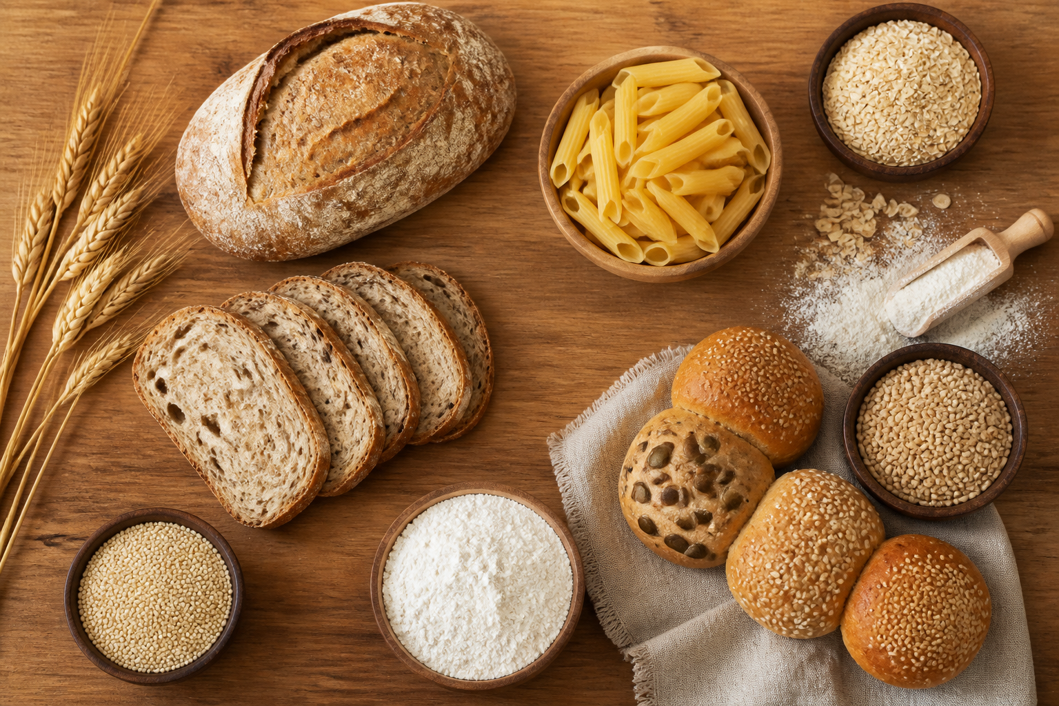 Overhead editorial still life related to Is Gluten Bad for Everyone? (Part 1 of 2) on a warm wooden surface