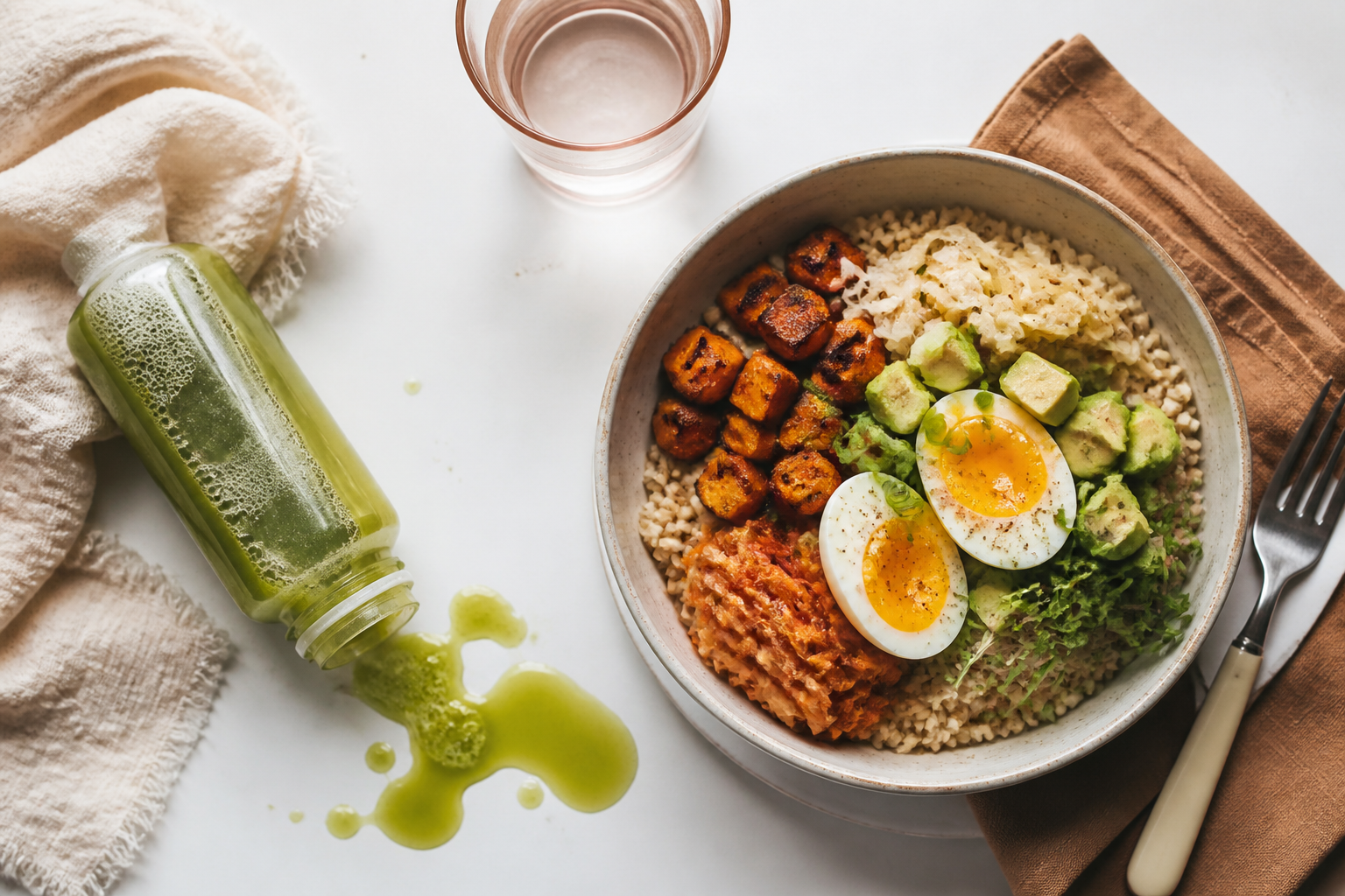 Flat lay of a January reset scene gone wrong — a juice cleanse bottle abandoned beside a real gut-healthy meal — on a clean white surface