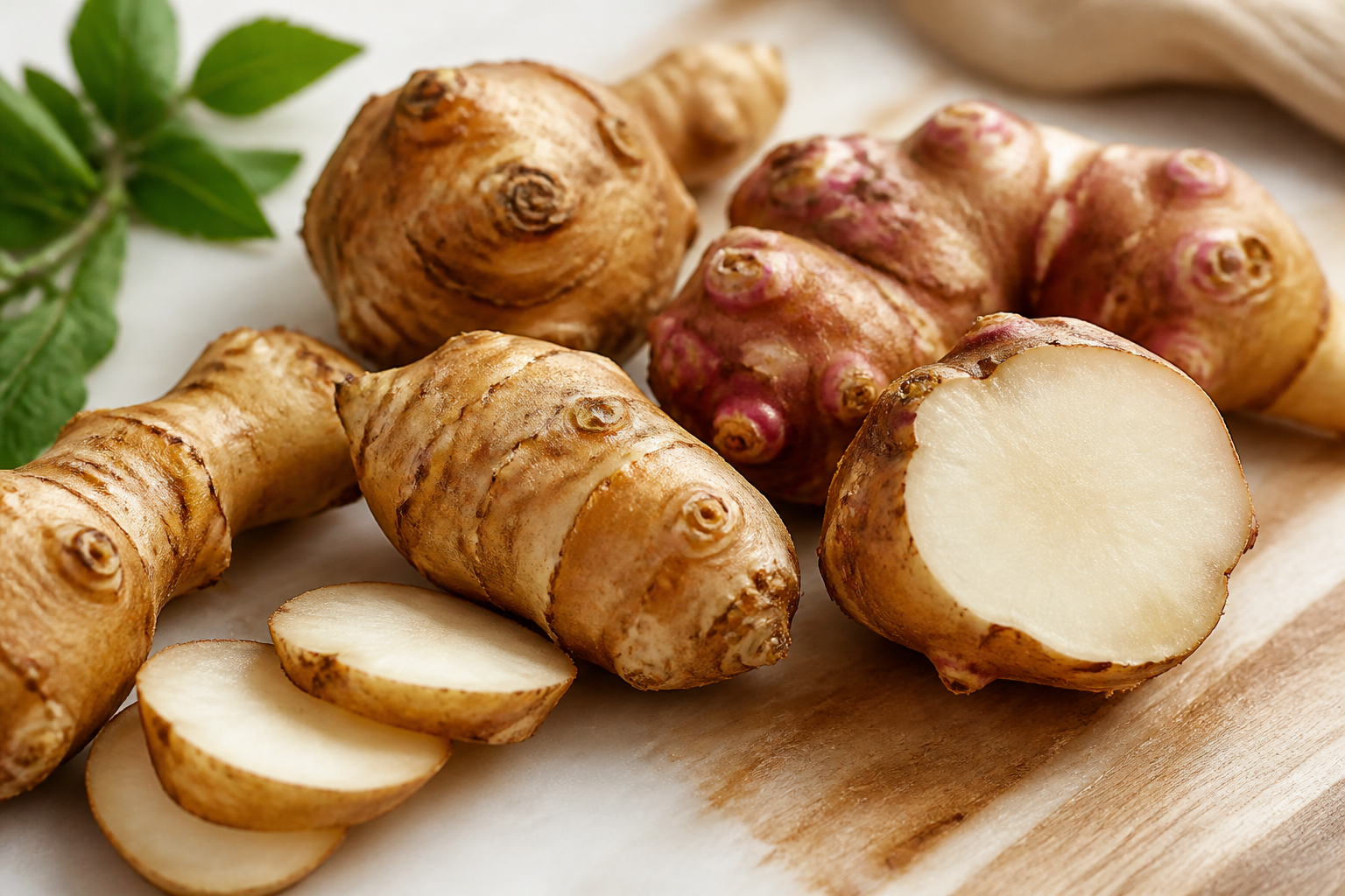 Close-up editorial still life of Jerusalem Artichoke on a clean wooden or marble surface