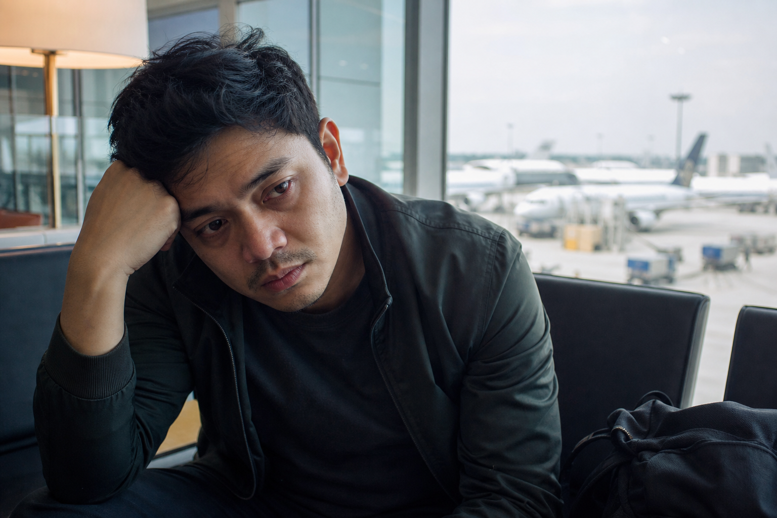 Filipino man in his 30s in an airport lounge looking exhausted