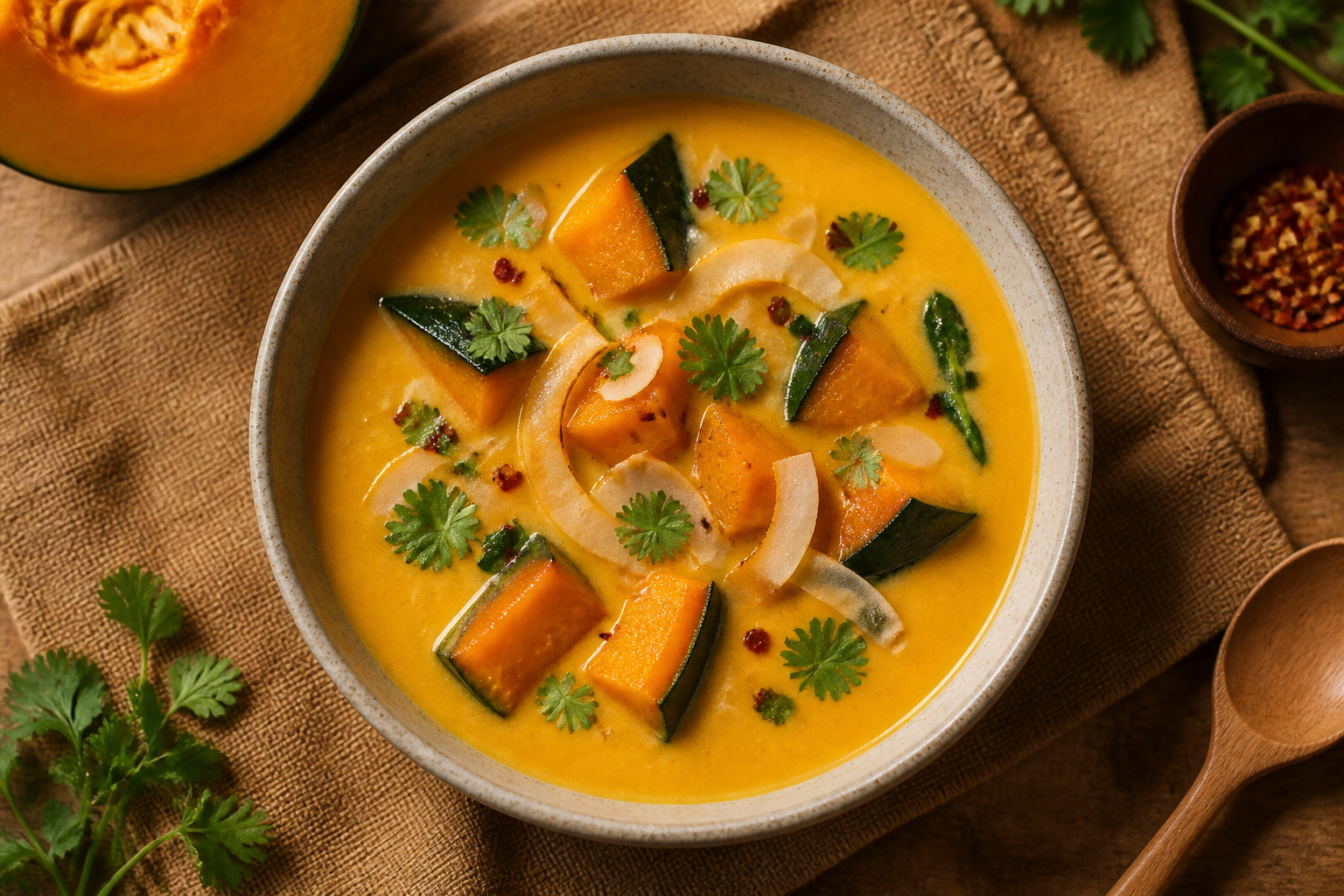 Overhead shot of Kabocha Squash and Coconut Soup plated appetizingly in a ceramic bowl