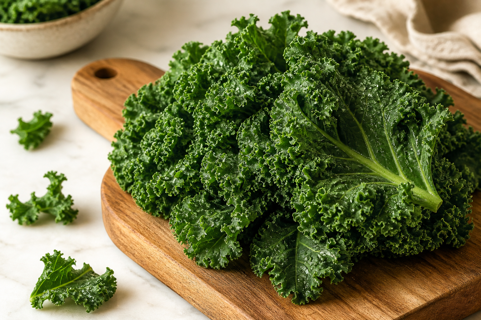 Close-up editorial still life of Kale on a clean wooden or marble surface