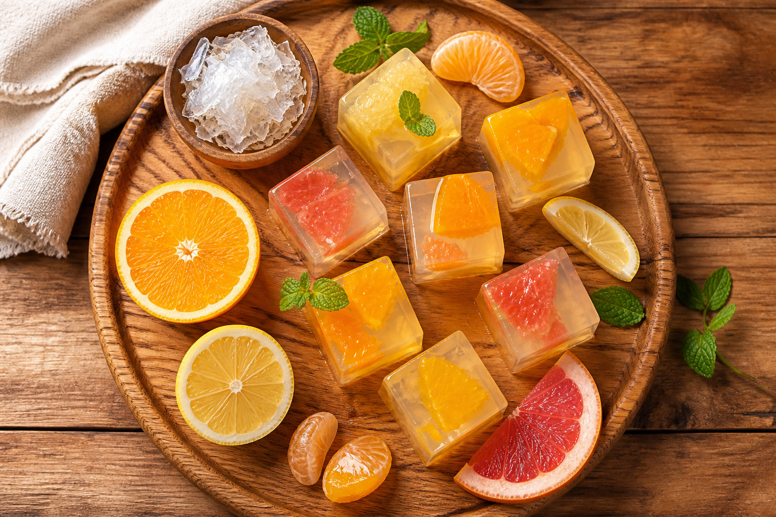 Overhead shot of Kanten Fruit Jelly with Citrus plated appetizingly in a wooden board