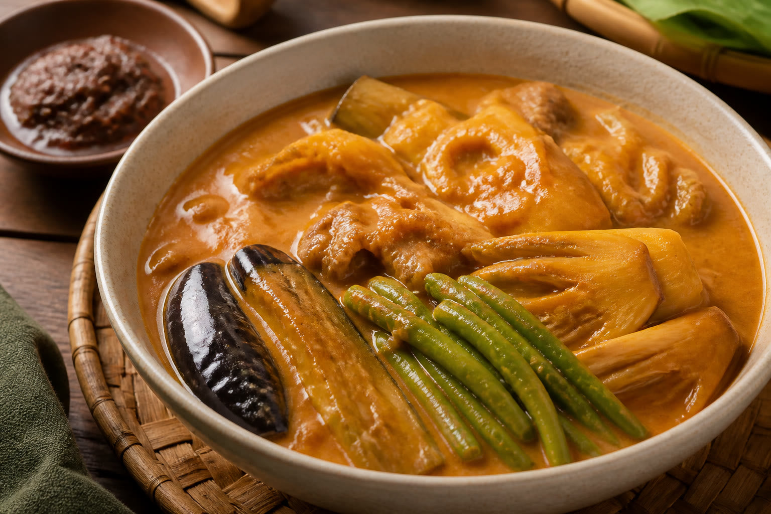 Bowl of kare-kare with peanut sauce, eggplant, string beans, and banana heart