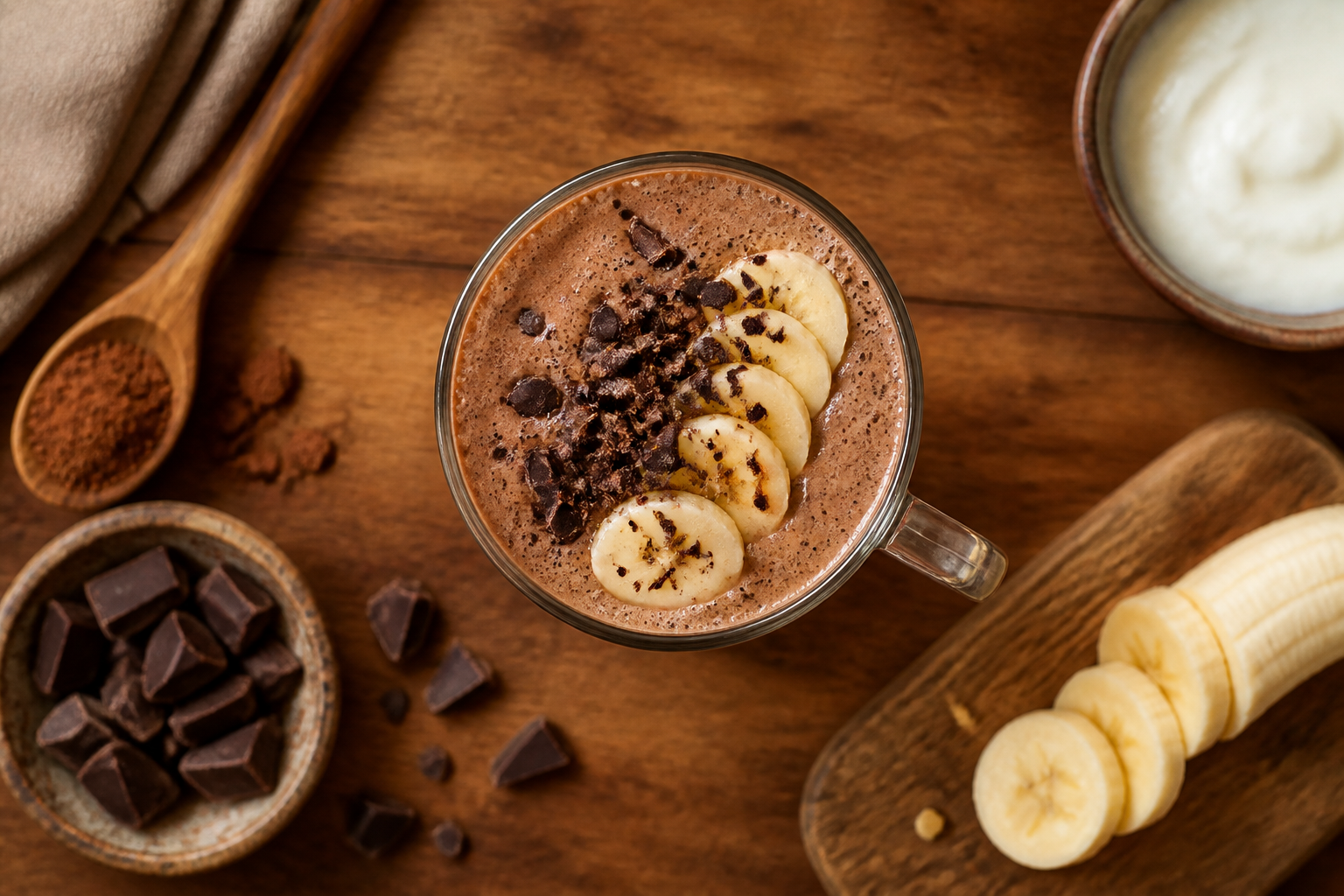Overhead shot of Kefir Chocolate Smoothie plated appetizingly in a tall glass or mug