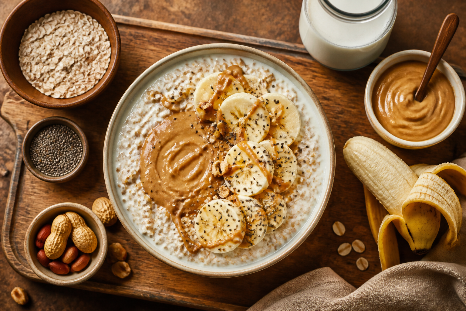 Overhead shot of Kefir Overnight Oats with Peanut Butter plated appetizingly in a wooden board