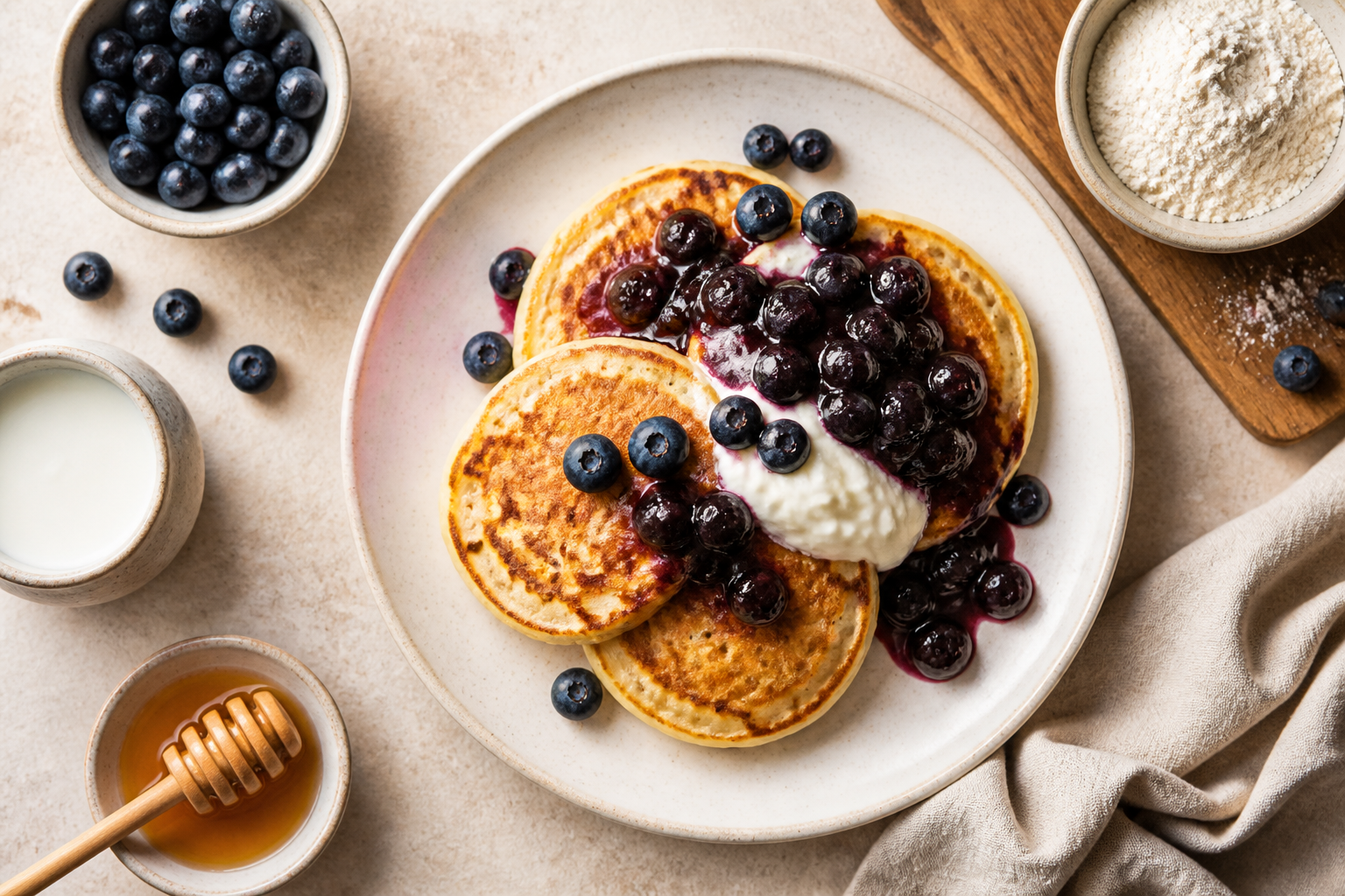 Overhead shot of Kefir Pancakes with Blueberry Compote plated appetizingly in a clean plate