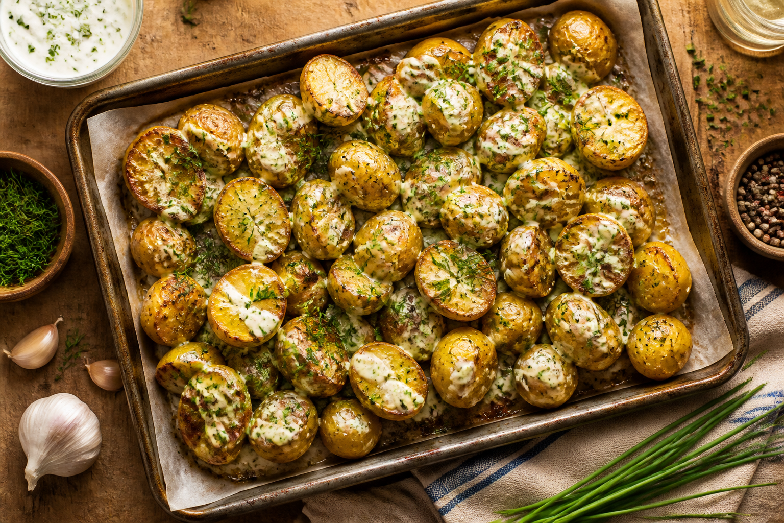 Overhead shot of Kefir Ranch Roasted Potatoes plated appetizingly in a baking tray